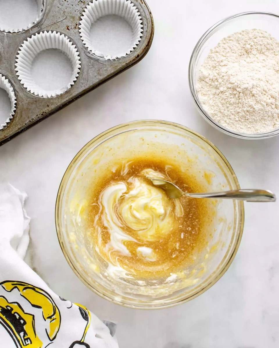 A clear glass mixing bowl sits at the center on a white marbled surface, filled with a mixture of light brown sugar, melted golden butter, and creamy white yogurt or sour cream, slightly swirled together with a silver spoon resting inside. To the top left, there is an old muffin tray filled with white paper liners. At the top right, a small clear bowl holds a pile of white flour. A white kitchen towel with black and yellow cartoon designs is folded near the bottom left corner. The image has a bright, clean look. photo taken with an iphone --ar 4:5 --v 7