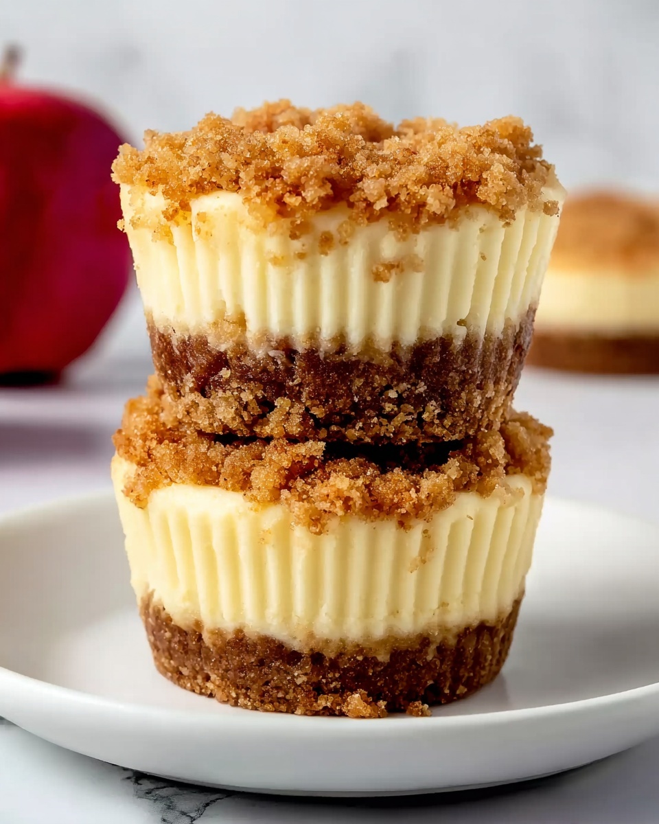 The image shows two small cheesecake cups stacked on top of each other on a white plate. Each cheesecake has three layers: the bottom layer is a thick, crumbly brown crust, the middle layer is smooth and creamy pale yellow cheesecake filling, and the top layer is a golden brown crumb topping with a slightly rough texture. The white plate rests on a white marbled surface, and there is a red apple blurred in the background. photo taken with an iphone --ar 4:5 --v 7