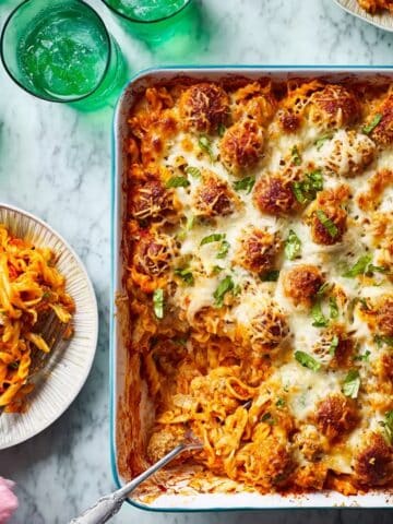 Meatball and Fusilli Casserole with Marinara and Basil Recipe