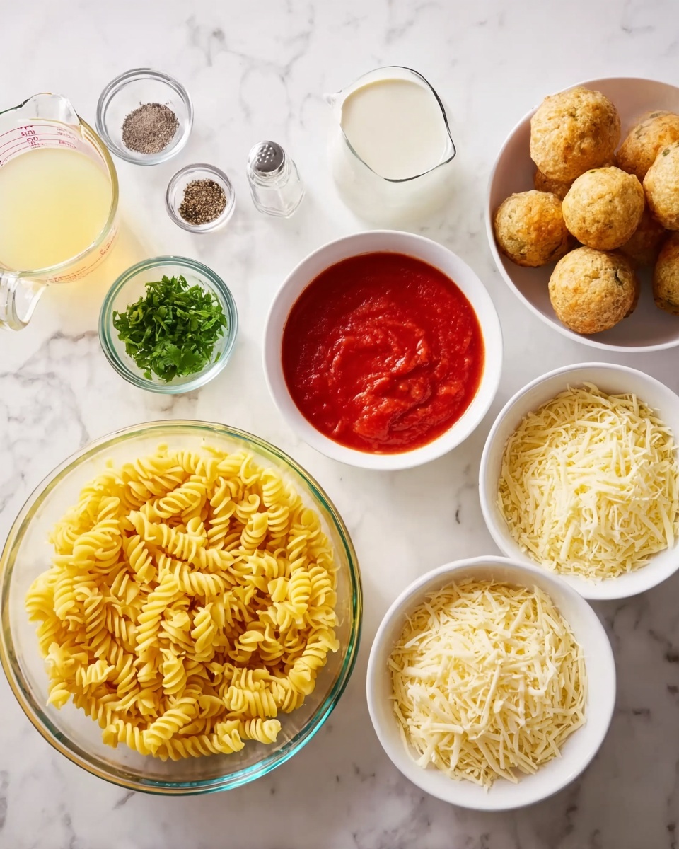 The image shows a white marbled surface with several clear glass and white bowls and pitchers filled with cooking ingredients. In the bottom left, a large glass bowl holds cooked rotini pasta with a bright yellow color. To its right, two white bowls are filled with shredded cheese, one with pale yellow and the other with white cheese. Next to these, a white bowl contains a bright red tomato sauce with a smooth texture. Above these bowls, a small white bowl holds chopped green herbs. To its left, there is a glass measuring cup with light yellow chicken broth, a small glass container with black pepper, and a glass jug with creamy white liquid. Lastly, a white bowl in the top right corner contains round golden brown baked items. Everything is arranged neatly on the white marbled surface. photo taken with an iphone --ar 4:5 --v 7