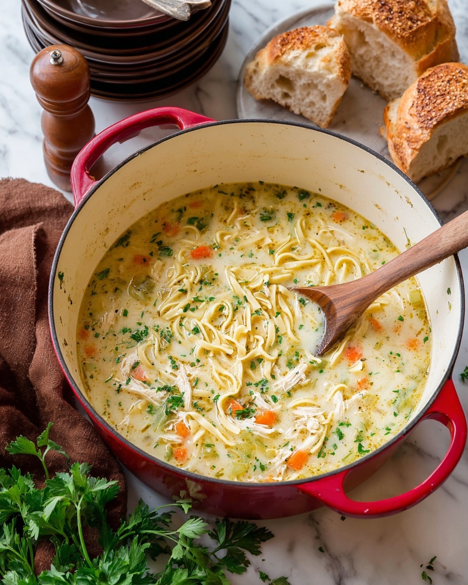 A large white pot with red handles holds creamy chicken noodle soup, showing three main layers inside: a smooth, light yellow broth with tiny herbs and spices; soft yellow noodles twisted and tangling through the broth; and small chunks of orange carrot, light green celery, and shredded white chicken spread evenly. A wooden spoon sits in the pot, partly immersed, adding a natural wood texture. Near the pot are several pieces of crusty white bread with a golden crust, stacked casually on a white marbled surface. In the background, dark brown bowls stacked on a matching plate and a wooden pepper grinder add contrast, while fresh green parsley leaves lay on the white marbled surface at the corner. A brown cloth napkin folds softly by the pot's left side. photo taken with an iphone --ar 4:5 --v 7
