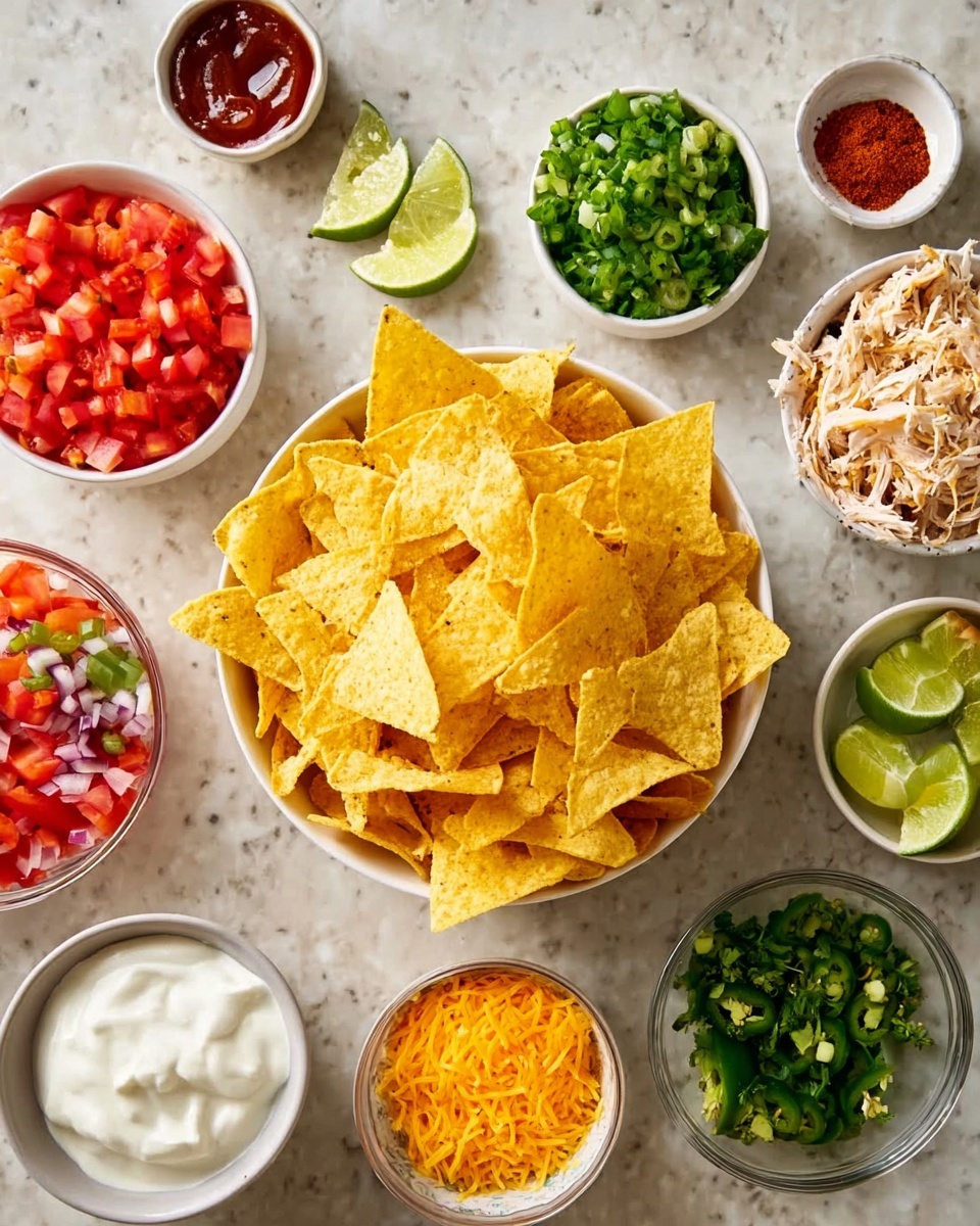 A white bowl filled with yellow triangular tortilla chips sits in the center of a white marbled surface, surrounded by smaller white bowls holding various ingredients: finely diced red tomatoes, shredded white cheese, shredded orange cheese, shredded cooked chicken, chopped fresh green herbs, smooth white sour cream, red salsa, lime wedges, sliced green onions, sliced green jalapeños, a small amount of red chili powder, and diced green avocados. All ingredients are clearly separated and vibrant in color. Photo taken with an iphone --ar 4:5 --v 7