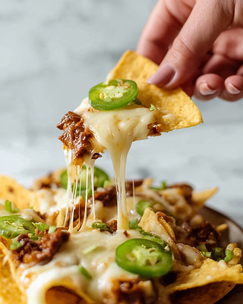 A woman's hand is holding a yellow tortilla chip close to the camera, lifting it from a plate of nachos. The chip has three layers: a base layer of crisp yellow, a middle layer of melted creamy white cheese stretching down with gooey strings, and pieces of browned, cooked meat on top. A fresh green slice of jalapeño rests on the cheese, adding a pop of color. The plate below shows more nachos covered in melted white cheese, browned meat, and scattered green jalapeño slices. The background is a clean white marbled texture, softly blurred to keep the focus on the chip being lifted. Photo taken with an iphone --ar 4:5 --v 7
