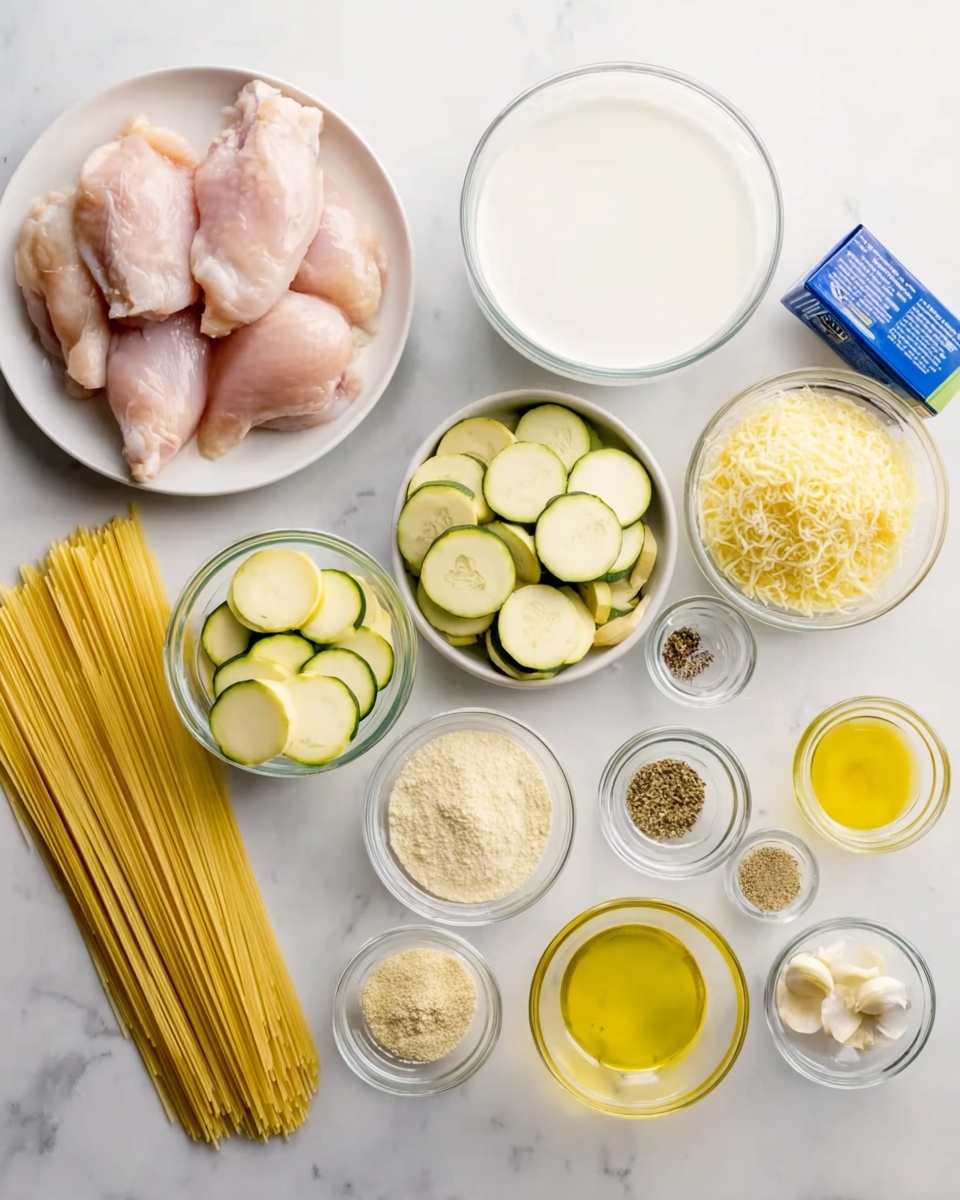 A white plate on the left holds three pieces of raw pink chicken meat, next to uncooked yellowish spaghetti pasta peeking from a blue box. Nearby is a large clear bowl filled with white milk. Around it, there are several small clear glass bowls arranged in rows on a white marbled surface. These bowls hold different ingredients: pale yellow round slices of zucchini, a beige dry powder, a light yellow liquid, finely grated yellow cheese, a bowl with a liquid yellow mixture, more light yellow slices of zucchini, white chopped garlic, small amounts of olive oil, black pepper, and breadcrumbs. All ingredients are neatly organized with various shades of white, yellow, green, and black contrasting on the clean white marbled background. photo taken with an iphone --ar 4:5 --v 7
