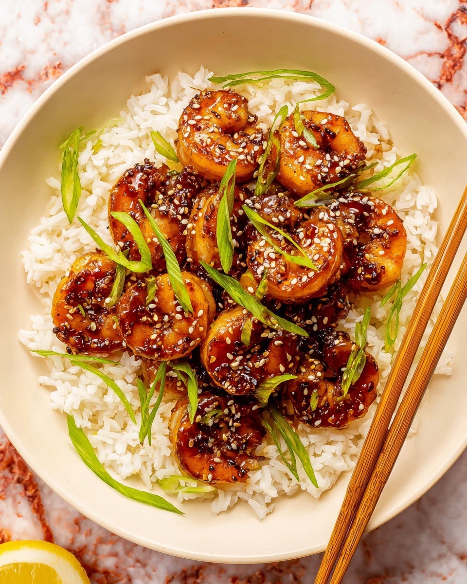 A white bowl holds a layer of plain white rice as the base. On top, there are nine cooked shrimp covered in a shiny dark brown sauce with sesame seeds sprinkled all over. Thin, curled green scallion strips are placed on and around the shrimp. The bowl is surrounded by light brown chopsticks resting partially inside it. The background features a white marbled texture. photo taken with an iphone --ar 4:5 --v 7
