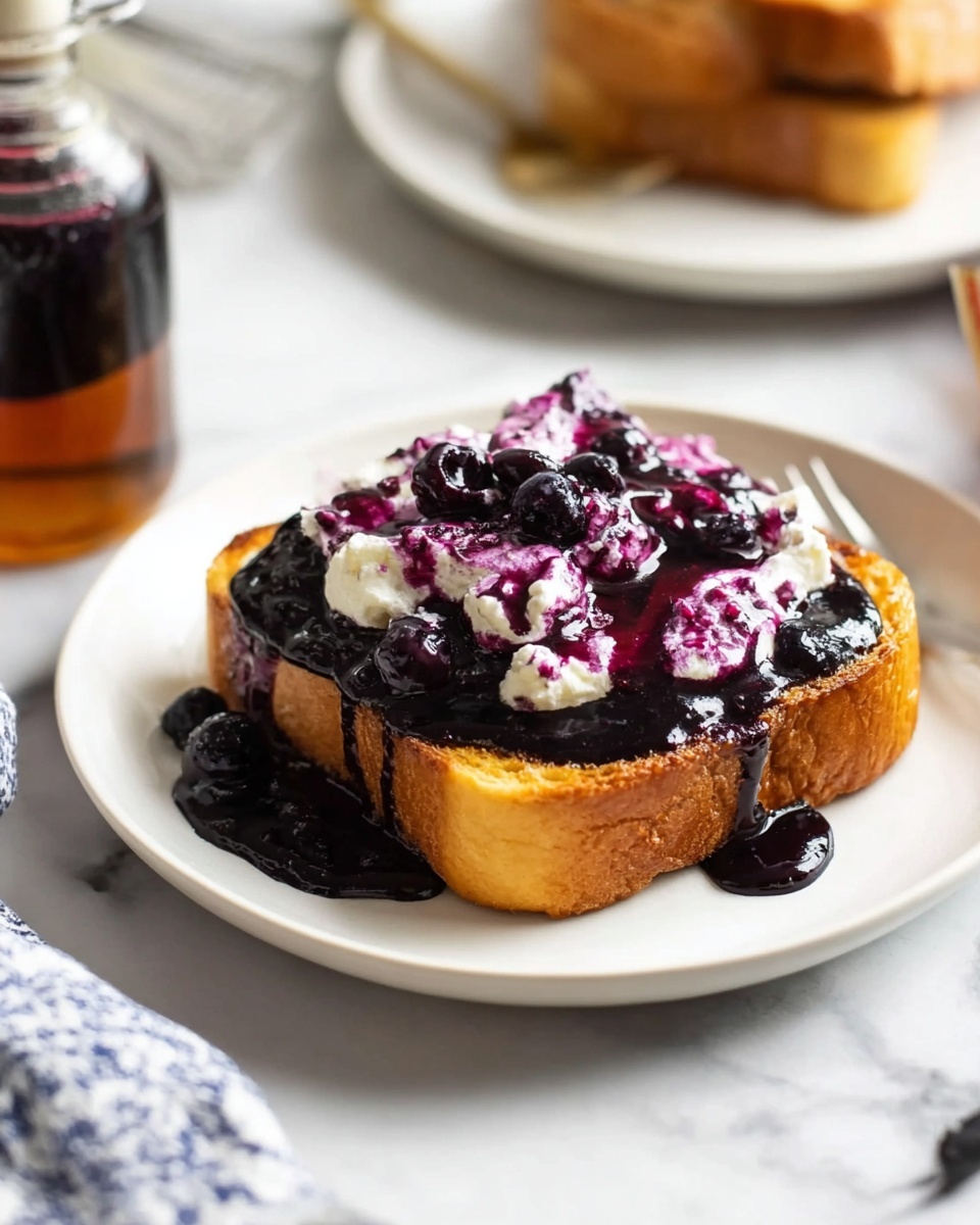 A single thick slice of golden brown toast sits in the center of a white plate on a white marbled surface. It is topped with a layer of dark, glossy blueberry sauce that spills slightly onto the plate, creating deep purple streaks. On top of the sauce, there are dollops of white cream swirled with purple blueberry mixture, giving it a marbled texture. The toast has a crisp edge and soft inside, showing a contrast of textures. In the background, part of a white plate and a maple syrup bottle are slightly blurred, adding context to the breakfast setting. Photo taken with an iphone --ar 4:5 --v 7