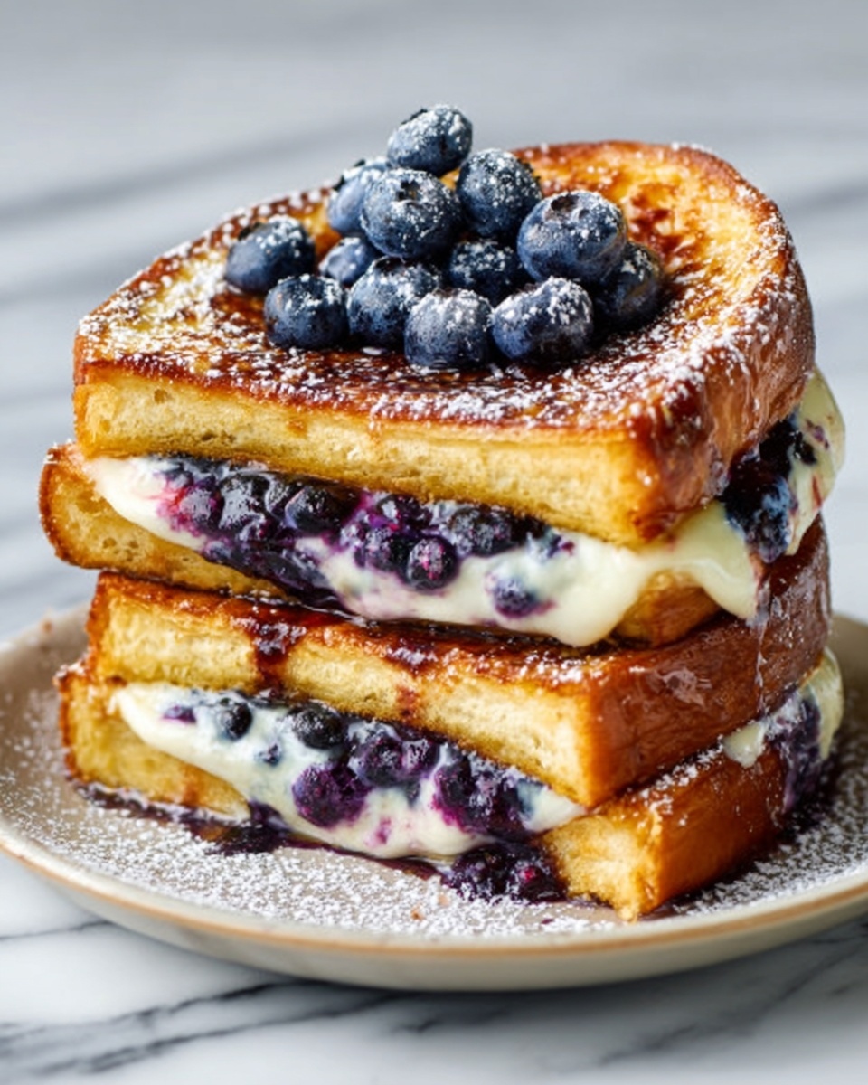 A stack of three slices of thick French toast with golden-brown crispy edges sits on a white plate. The middle slice exposes a creamy white filling mixed with dark blue-purple blueberries, oozing slightly between the layers. On top, a small pile of fresh blueberries rests, with a light dusting of powdered sugar over the entire stack. The background is a white marbled surface. Photo taken with an iphone --ar 4:5 --v 7