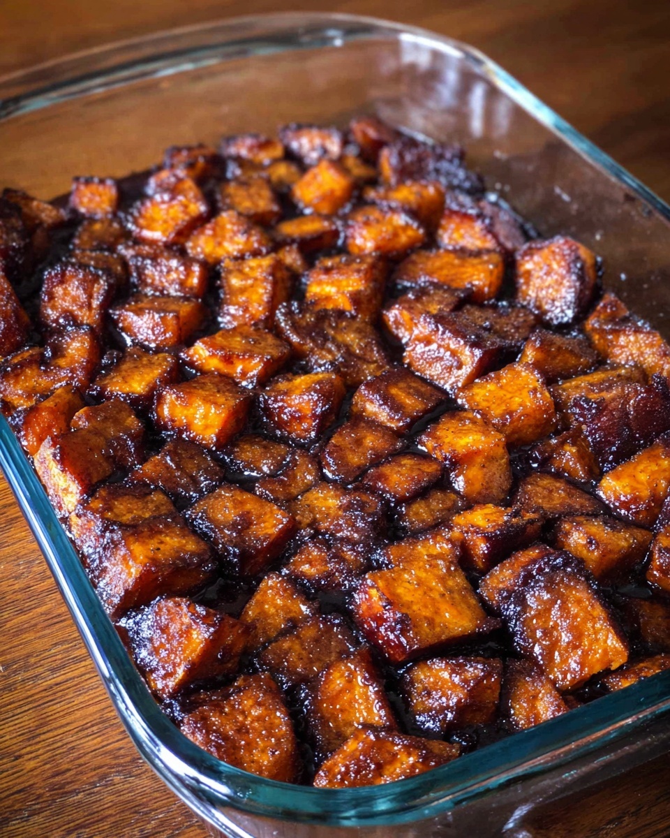 The image shows a clear glass baking dish filled with cubed sweet potatoes that are dark brown and orange with a slightly crispy texture on top, evenly spread in a single thick layer. The sweet potatoes have a glazed, caramelized look that makes them shiny, and the dish rests on a wooden surface. Photo taken with an iphone --ar 4:5 --v 7