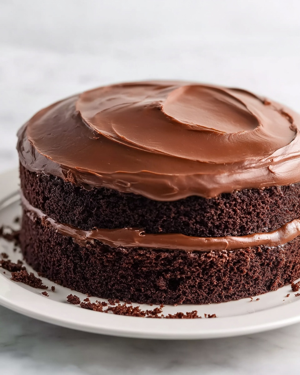 This image shows a two-layer chocolate cake with a smooth, shiny chocolate frosting covering the top and sides. The top surface has a gentle swirl pattern in the frosting. The middle layer of frosting between the two dark brown cake layers is visible. Some cake crumbs and chocolate smears are on the white plate around the cake. The background is a white marbled texture. photo taken with an iphone --ar 4:5 --v 7