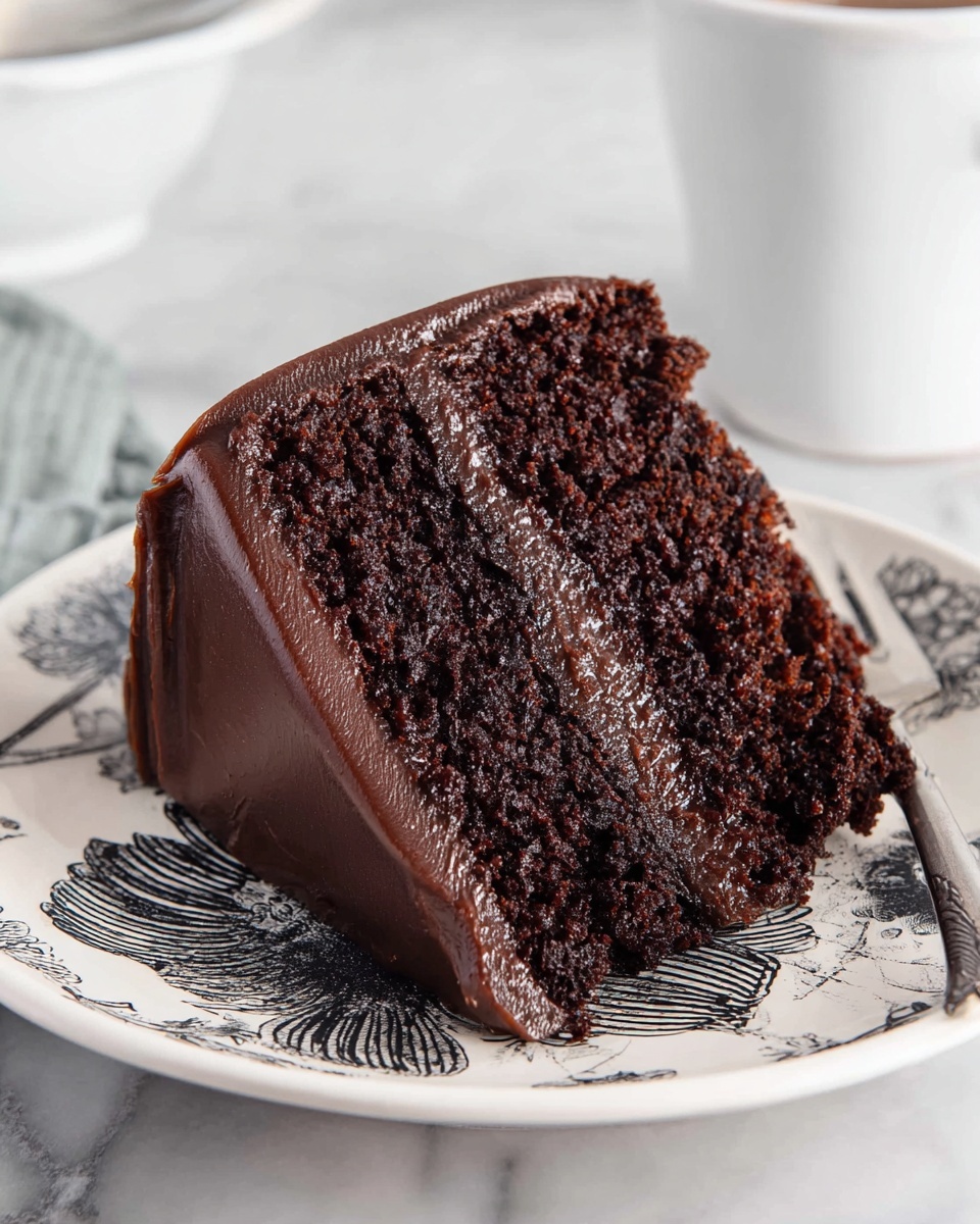 A single slice of dark chocolate cake is shown with two thick layers of moist, crumbly dark brown cake separated by a smooth, glossy layer of chocolate frosting. The entire slice is coated with the same rich chocolate frosting, which is shiny and creamy, covering the sides and top smoothly. The slice sits on a white plate with a black and white floral design, all placed on a white marbled surface. A white cup is partially visible in the background. photo taken with an iphone --ar 4:5 --v 7