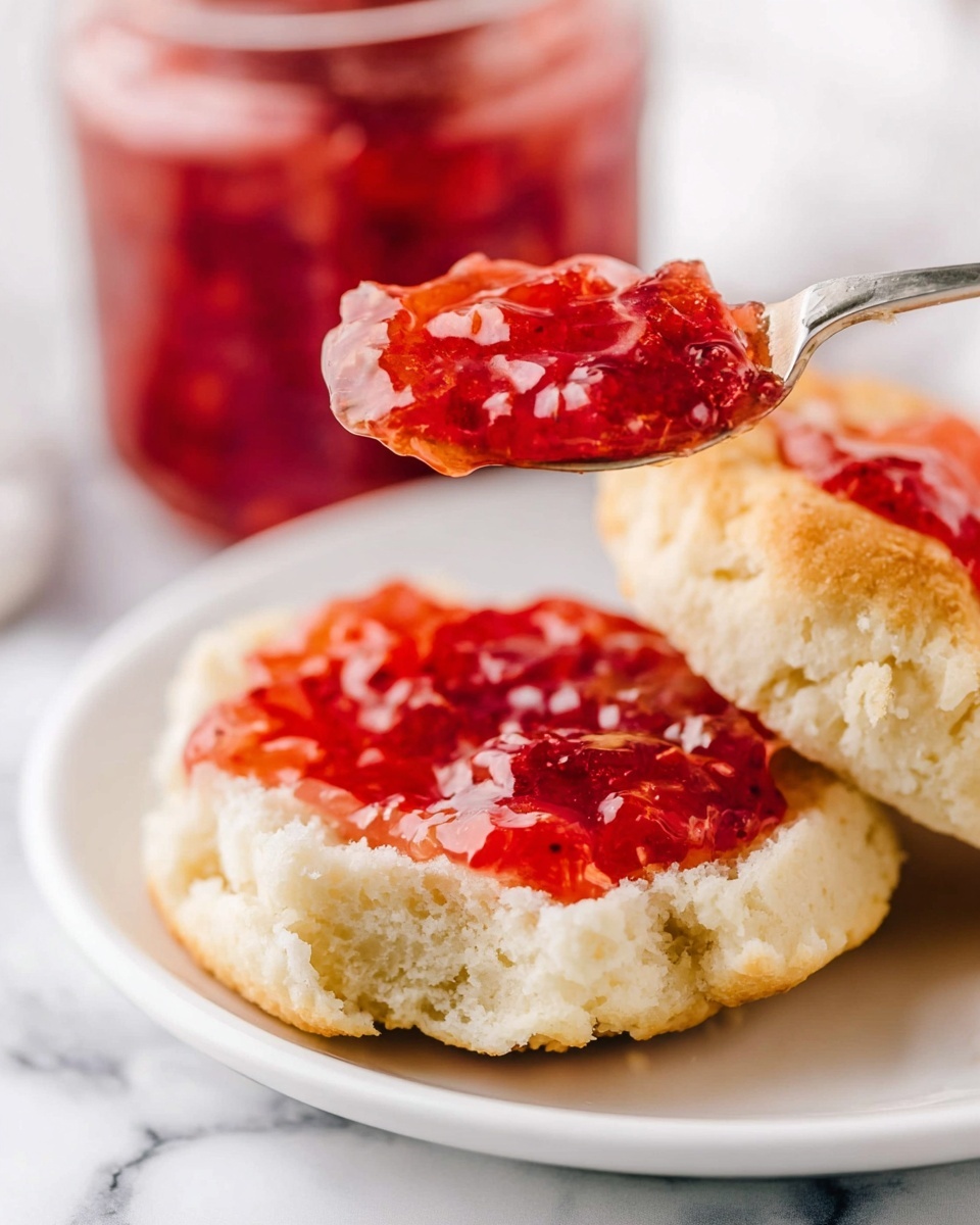 A close-up showing a white plate with a split open light golden English muffin, textured inside with a soft crumb. On top of the muffin halves, there is a layer of chunky red strawberry jam with shiny, sticky textures and visible bits of fruit. A silver spoon is held above the muffin, dropping more jam onto it. In the background, a glass jar filled with more red jam is slightly blurred. The surface beneath the plate has a white marbled texture. photo taken with an iphone --ar 4:5 --v 7