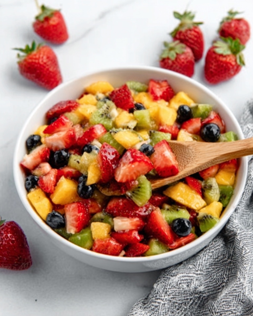 The image shows a white bowl filled with colorful mixed fruit pieces. The fruit layers include small chunks of red strawberries, yellow mangoes, green kiwi slices, and dark blueberries, all mixed evenly. A wooden spoon rests inside the bowl, slightly lifting some fruit. The bowl sits on a white marbled surface with a gray and white cloth nearby, and a few whole strawberries are placed around the bowl. photo taken with an iphone --ar 4:5 --v 7