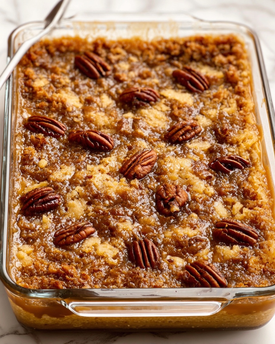 The image shows a dessert baked in a clear glass rectangular dish with a white marbled surface underneath. The dessert has three layers visible: a golden brown crispy crust on top mixed with a sticky, shiny caramel layer. Scattered across the surface are whole, dark brown pecans evenly spaced in a pattern. The middle layer looks soft and moist with a light brown color, while the bottom layer appears to be dense and rich, possibly soaked in syrup. The overall texture is crumbly with sticky spots, and the pecans add a solid, crunchy contrast. Photo taken with an iphone --ar 4:5 --v 7