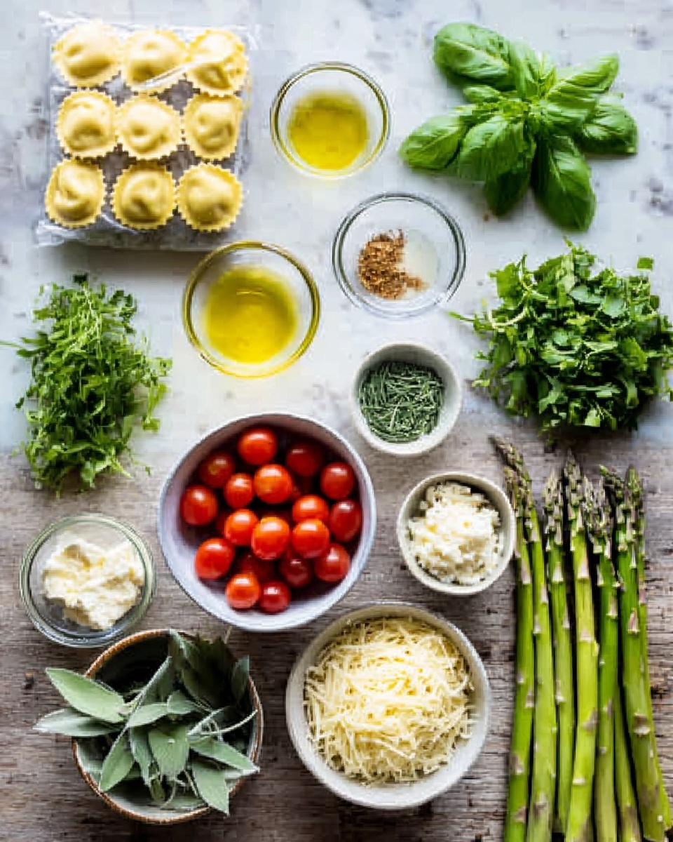 The image shows many ingredients neatly arranged on a white marbled surface. There is a big clear package of ravioli on the top left. Beside it are small clear bowls with yellow olive oil, light brown spice, and a clear bowl of pale liquid. Fresh green basil leaves are in a bunch on the top right corner. Below are heaps of fresh herbs including curly parsley, chopped chives, and fresh sage leaves. A bowl filled with small, bright red cherry tomatoes sits to the right. There is a white bowl with shredded pale cheese, a bowl with crumbled cheese, and a small bowl of salt. On the far right side of the image, there is a bunch of green asparagus standing straight. Everything is clear and bright, showing fresh ingredients for cooking. photo taken with an iphone --ar 4:5 --v 7