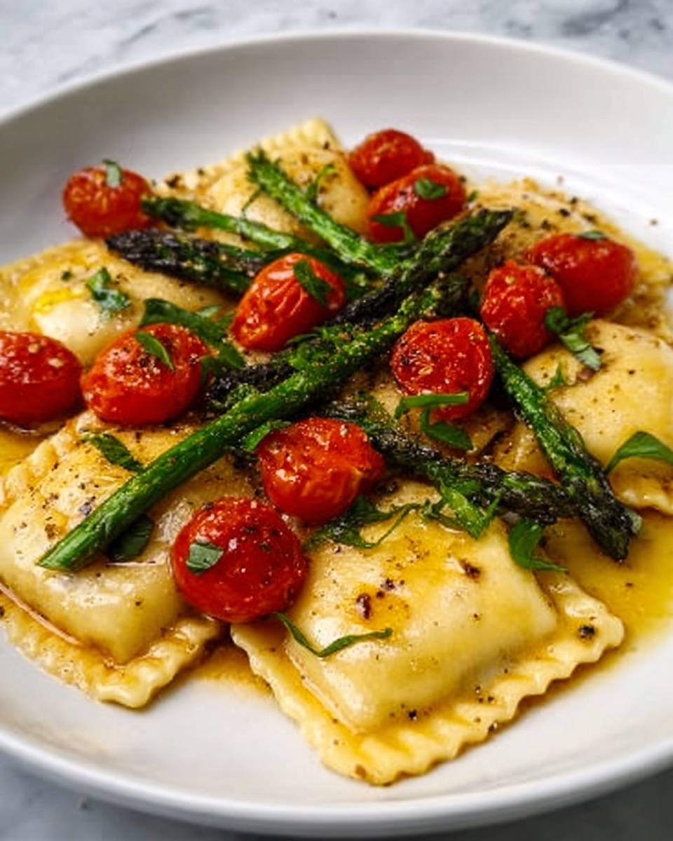 A white plate holds a serving of five square ravioli pieces, each light golden with small browned spots and slightly glossy from sauce. Bright green asparagus stalks and halved cherry tomatoes with a shiny, cooked texture sit on top and around the ravioli. Small green herb pieces are sprinkled on the dish, adding contrast. The whole plate is set on a white marbled surface. photo taken with an iphone --ar 4:5 --v 7