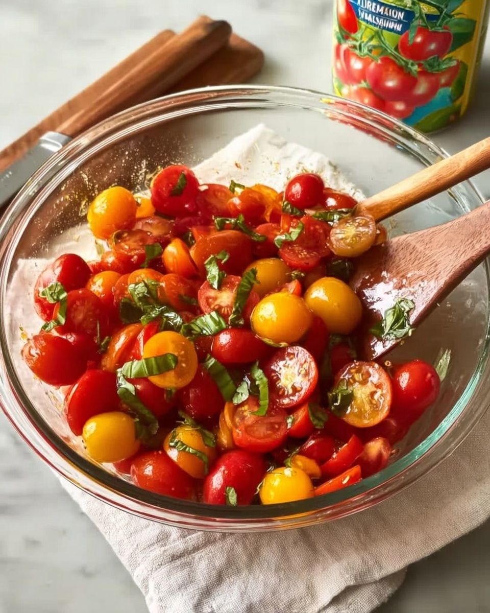 A clear glass bowl filled with bright red and yellow cherry tomatoes, sliced in half. Small green basil leaves are scattered among the tomatoes, some whole and some torn. A wooden spoon is resting inside the bowl on the right side, partially covered by the tomatoes and basil. The bowl is placed on a white cloth napkin over a white marbled surface. A wooden knife handle is partly visible on the upper left outside the bowl, and a colorful can with tomato images is in the upper right background. photo taken with an iphone --ar 4:5 --v 7