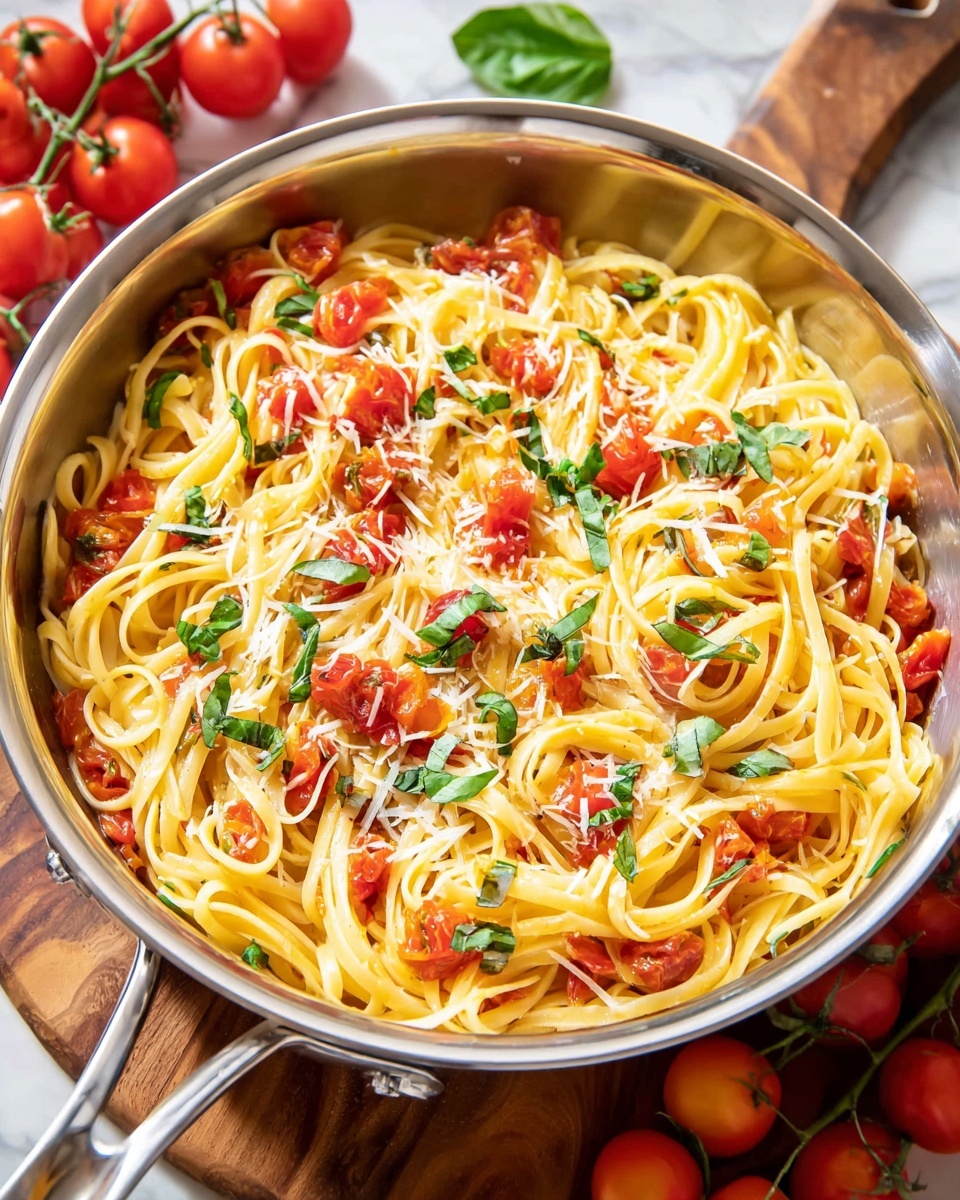 A stainless steel pan full of pasta has three main layers: a base layer of long yellow noodles, a middle layer of small bright red tomato pieces mixed throughout, and a top layer sprinkled with fresh green basil leaves and white shredded cheese. The pan sits on a wooden board with clusters of red tomatoes around, all set on a surface with white marbled texture. Steam rises lightly from the hot pasta, showing it is freshly cooked. photo taken with an iphone --ar 4:5 --v 7