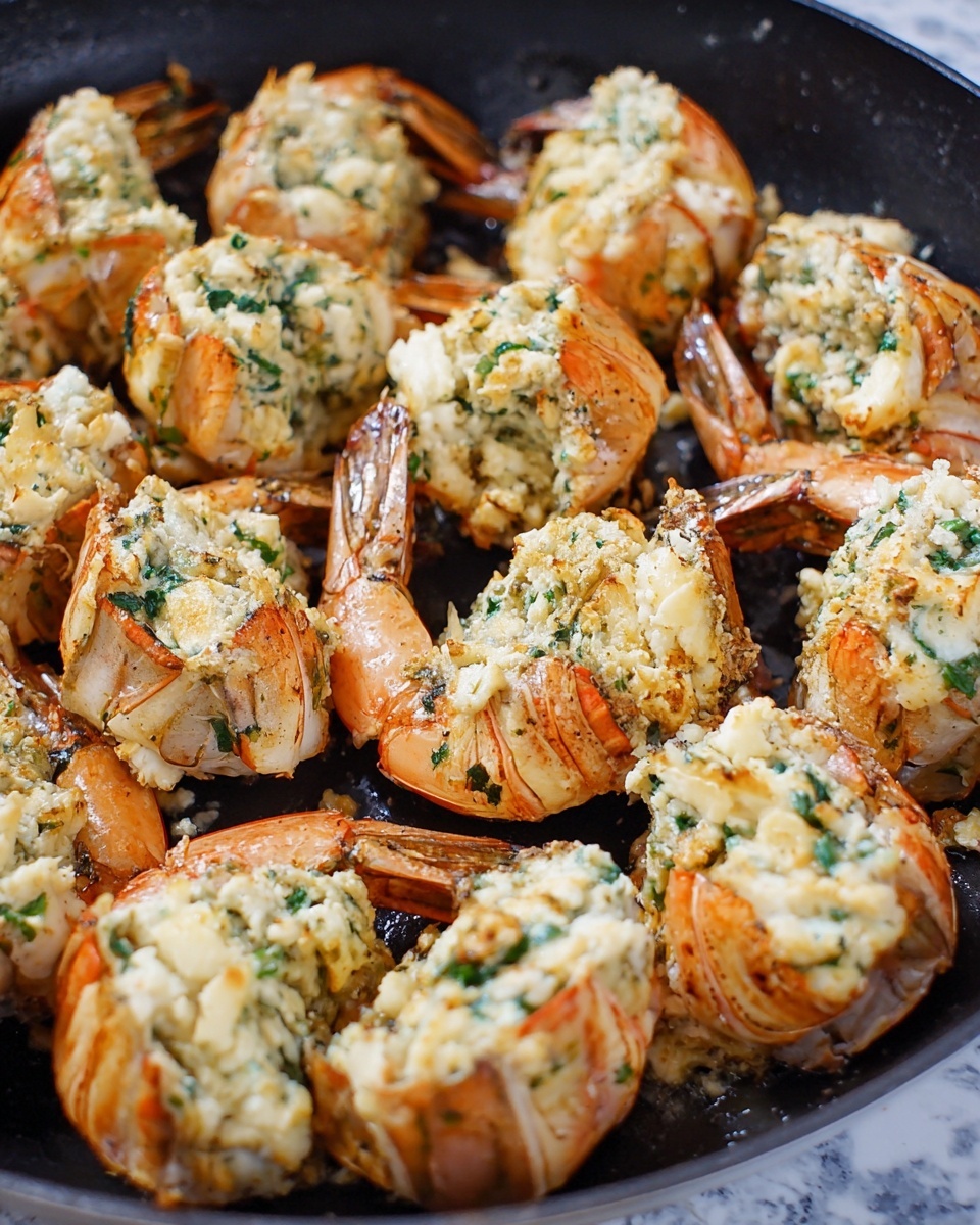The image shows a close-up of shrimp stuffed with a creamy mixture placed closely together in a black skillet. Each shrimp is split open and filled with a thick, chunky filling that includes white cheese, green herbs, and small bits of onion or garlic, giving it a textured and slightly rough appearance. The shrimp shells are a light brownish-pink, curling slightly with the tails pointing upwards. The filling is lightly browned on top in places, suggesting it has been baked or broiled. The background surface is a white marbled texture. Photo taken with an iphone --ar 4:5 --v 7