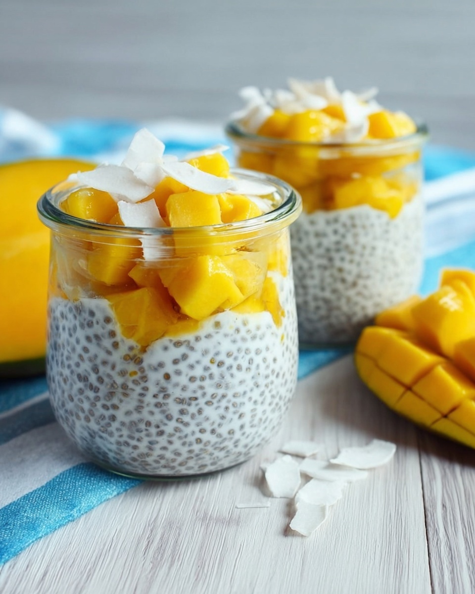 Two small clear glass jars filled with three layers of chia seed pudding mixed with white creamy liquid and small yellow mango chunks inside. The top layer is decorated with bright yellow mango cubes and white coconut flakes. The jars sit on a light wooden surface with a white marbled texture and a blue and white striped cloth behind them. A half mango with a bright yellow inside is partly visible in the background. Photo taken with an iphone --ar 4:5 --v 7