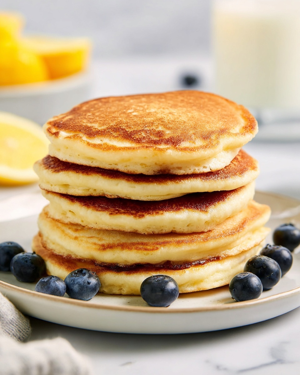 A stack of five thick, golden brown pancakes sits in the center of a white plate, each pancake showing slightly uneven edges with a soft, fluffy texture and a light, even browning on top and bottom. Surrounding the stack are a few fresh, plump blueberries that add a deep blue contrast. In the background, blurred but visible, is a glass of milk and a slice of lemon, all set against a white marbled surface. photo taken with an iphone --ar 4:5 --v 7