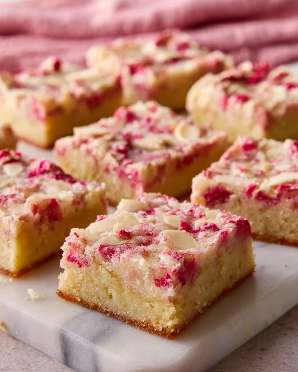This image shows six square pieces of a dessert bar arranged on a white marbled board. Each bar has two layers: the bottom layer is a light golden-yellow, soft, cake-like base, while the top layer is a creamy, light beige filling mixed with small, uneven pieces of reddish-pink fruit evenly spread throughout. The texture of the top layer appears slightly smooth and moist, with the fruit pieces adding a fresh, colorful contrast. A blurry pink cloth is visible in the background, adding warmth to the scene. Photo taken with an iphone --ar 4:5 --v 7