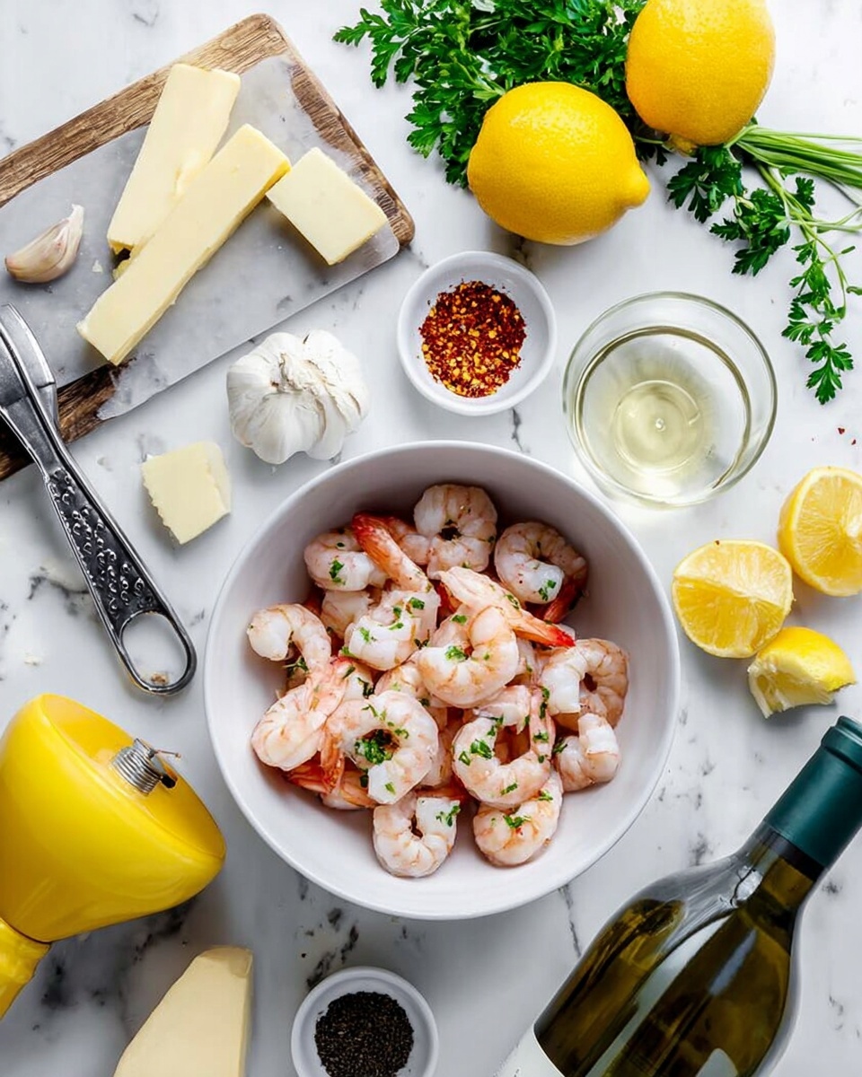 A white bowl filled with many pink and white cooked shrimp sits in the center of a white marbled surface. The shrimp show a firm texture with some curled tails, layered unevenly inside the bowl. Around the bowl are three garlic cloves, a small glass of peeled garlic pieces, two halved bright yellow lemons with smooth skin, fresh green parsley leaves spread loosely, a small white bowl of red chili flakes, and a wooden board holding several thick pale yellow butter sticks with a butter knife beside them. Also visible are a metal garlic press, a small dark bowl of black pepper, a green bottle cap, a bottle of white wine with a dark green neck, and a yellow citrus juicer with a few dark worn spots. The scene is bright and colorful with clean, fresh ingredients arranged neatly. Photo taken with an iphone --ar 4:5 --v 7