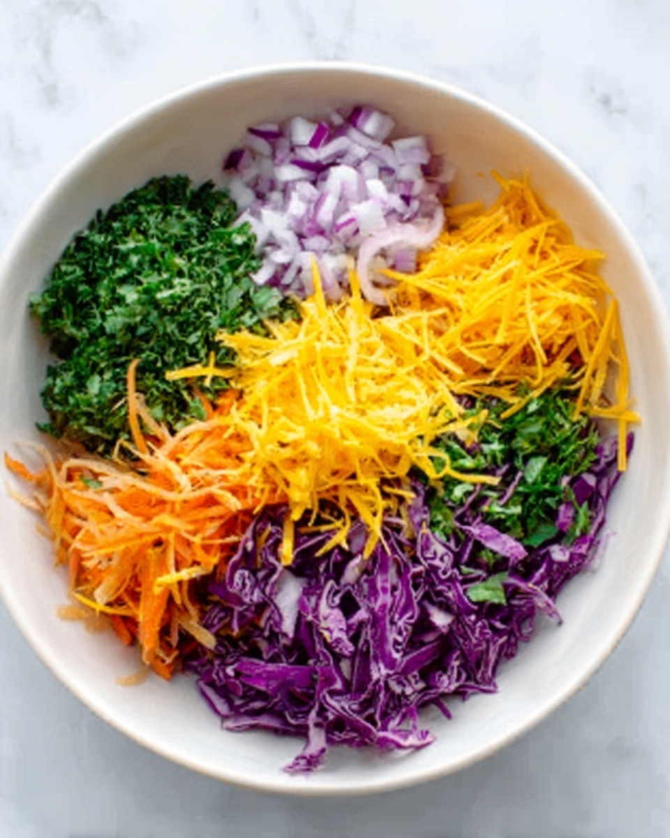 The image shows a white bowl filled with five different shredded or chopped ingredients, each placed in a separate section. Starting at the top and moving clockwise, there is a pile of chopped green herbs, thinly sliced light purple onions, small green chopped herbs, finely shredded purple cabbage mixed with thin orange carrot strips, and finally, thin yellow shredded cheese. The bowl sits on a white marbled surface. photo taken with an iphone --ar 4:5 --v 7