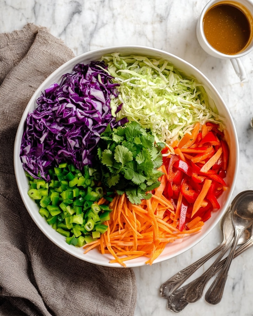 A white bowl filled with six sections of fresh, thinly sliced vegetables arranged side by side. Starting from the top left, there is bright purple cabbage with a rough texture, next to pale green cabbage with fine curls, then small diced dark green bell peppers. Below the peppers are thin, bright orange carrot sticks, followed by chopped light green spring onions with round pieces, and finally thin red bell pepper strips on a bed of shredded pale cabbage. In the center of the bowl is a mound of fresh green cilantro leaves. The bowl is placed on a white marbled surface with a gray cloth nearby and two silver serving spoons to the right. A white cup with brown sauce sits above the bowl. Photo taken with an iphone --ar 4:5 --v 7