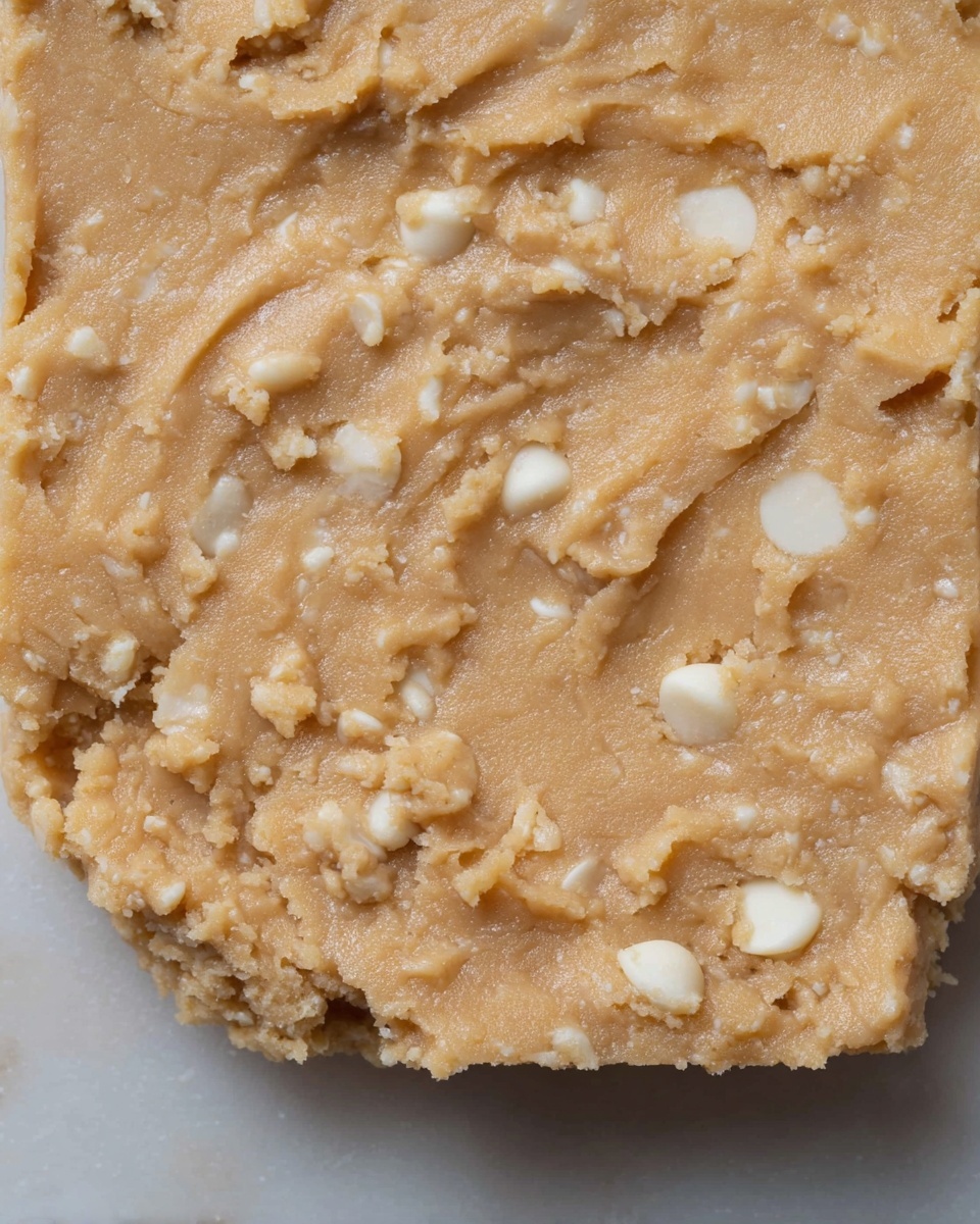 A close-up view of a single thick layer of light brown cookie dough with visible small white chocolate chips spread unevenly throughout; the texture appears creamy and slightly chunky with soft ridges and uneven edges, all placed on a white marbled surface. photo taken with an iphone --ar 4:5 --v 7