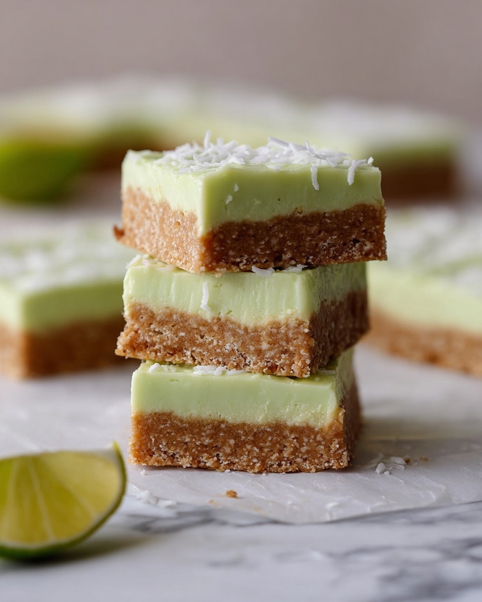 A stack of three square bars is shown on a white marbled surface. Each bar has two layers: a thick, light brown base with a coarse texture, looking like a crumbly cookie or cake, and a smooth, pale green layer of frosting or cream on top. The pale green layer is evenly spread but has slight ridges and a creamy, soft texture. White shreds, possibly coconut, are lightly sprinkled on the green frosting. In the background, more bars are blurred but visible, and a sliced lime sits on the left side. Photo taken with an iphone --ar 4:5 --v 7