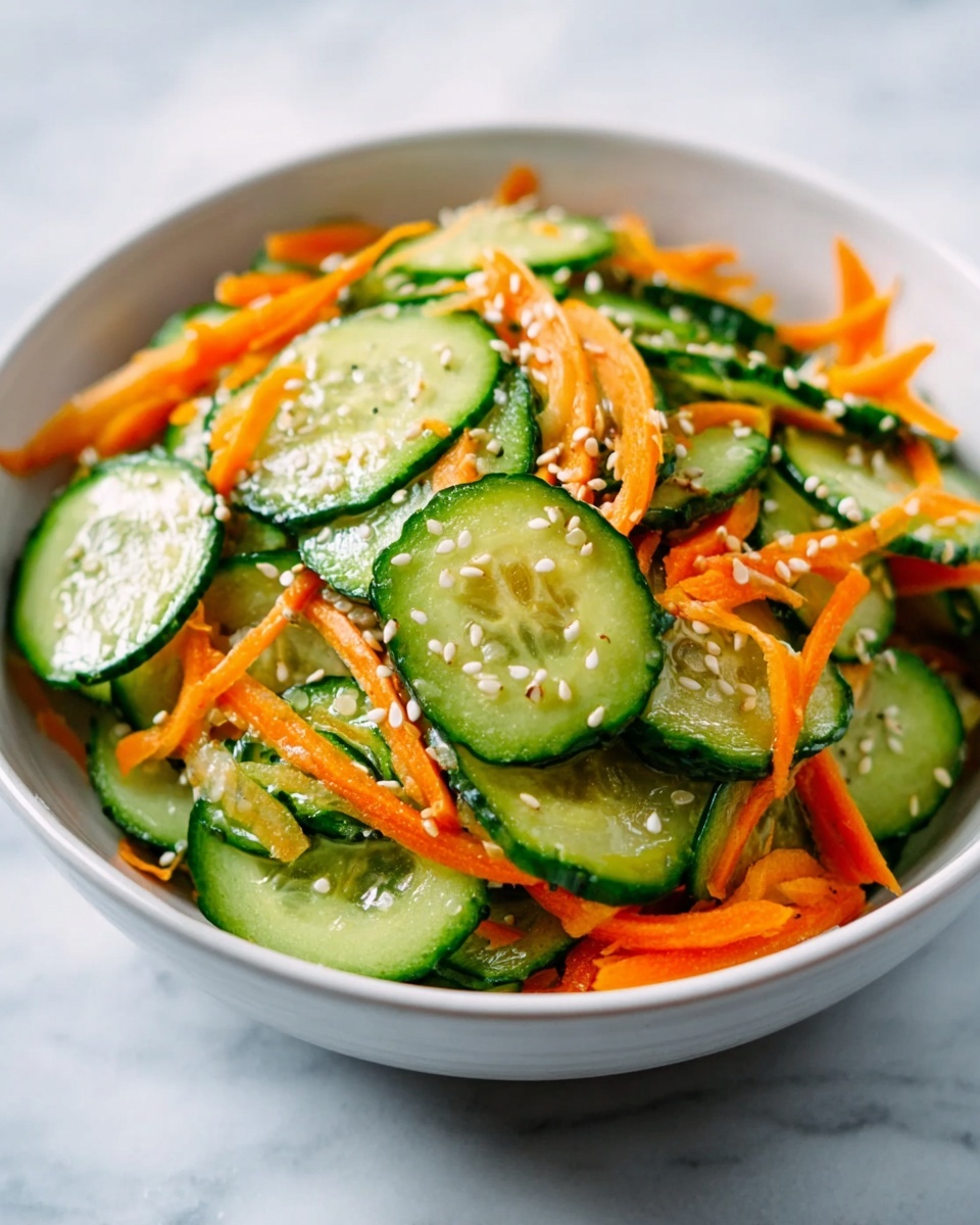 The image shows a white bowl filled with a fresh salad on a white marbled surface. The salad has thinly sliced cucumber rounds with a bright green color and slight shine from moisture, layered with thin, orange carrot strips that add a vivid contrast. The vegetables look crisp and fresh, with a sprinkle of small white sesame seeds scattered evenly over the top, adding texture and a subtle pop. The bowl's smooth white surface contrasts with the colorful and textured salad inside. photo taken with an iphone --ar 4:5 --v 7