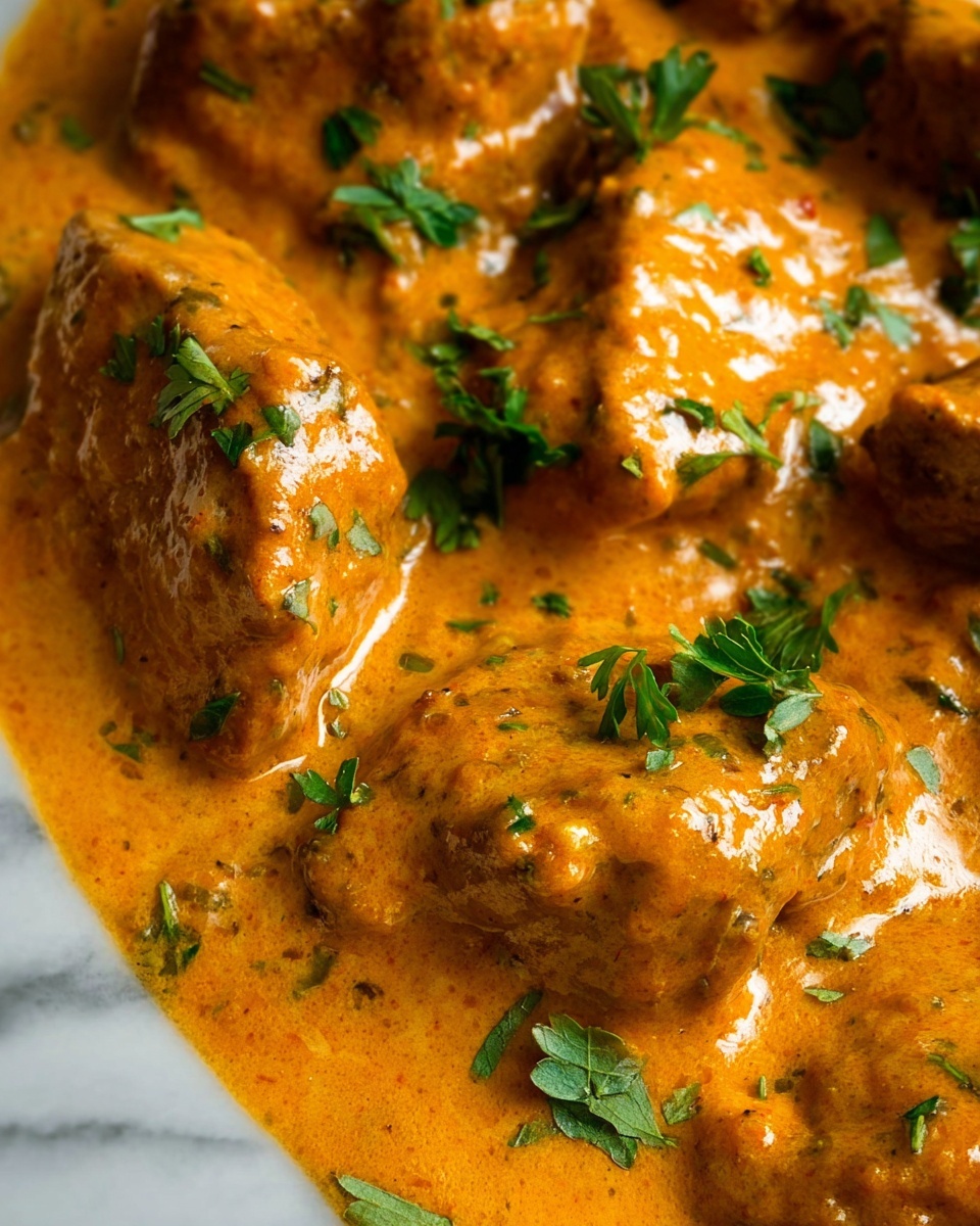 This image shows a white bowl filled with three layers: at the bottom, there is a layer of white rice with a light fluffy texture; the middle layer has pieces of meat covered in a thick, creamy orange-brown sauce with visible small red and brown specks; on top, fresh green parsley leaves are sprinkled evenly all over the dish for color contrast, and to the side, there are slices of light green avocado. The bowl is placed on a white marbled surface. Photo taken with an iphone --ar 4:5 --v 7