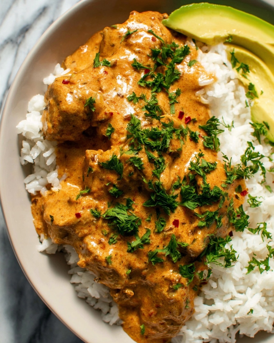 A white plate filled with three main parts: on the left, a mound of white rice sprinkled with chopped green herbs, with a silver fork resting on the edge; on the top left, several slices of bright green avocado neatly fanned out; on the right, pieces of chicken covered in a thick orange sauce with visible spices and garnished with small green herb leaves. The dish is placed on a white marbled surface. photo taken with an iphone --ar 4:5 --v 7