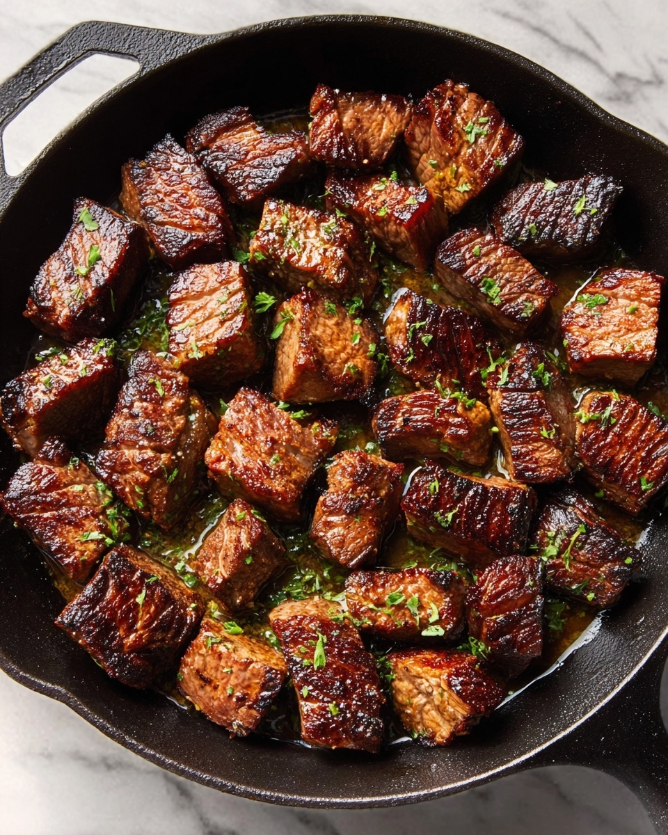 The image shows a black cast iron pan filled with several pieces of cooked meat. Each meat piece is small, rectangular, and richly browned with a crispy surface. The meat has a caramelized texture with visible grill marks and appears juicy. Small green herbs are sprinkled evenly over the top of the meat, adding a fresh contrast to the dark brown color. The pan sits on a white marbled surface. photo taken with an iphone --ar 4:5 --v 7