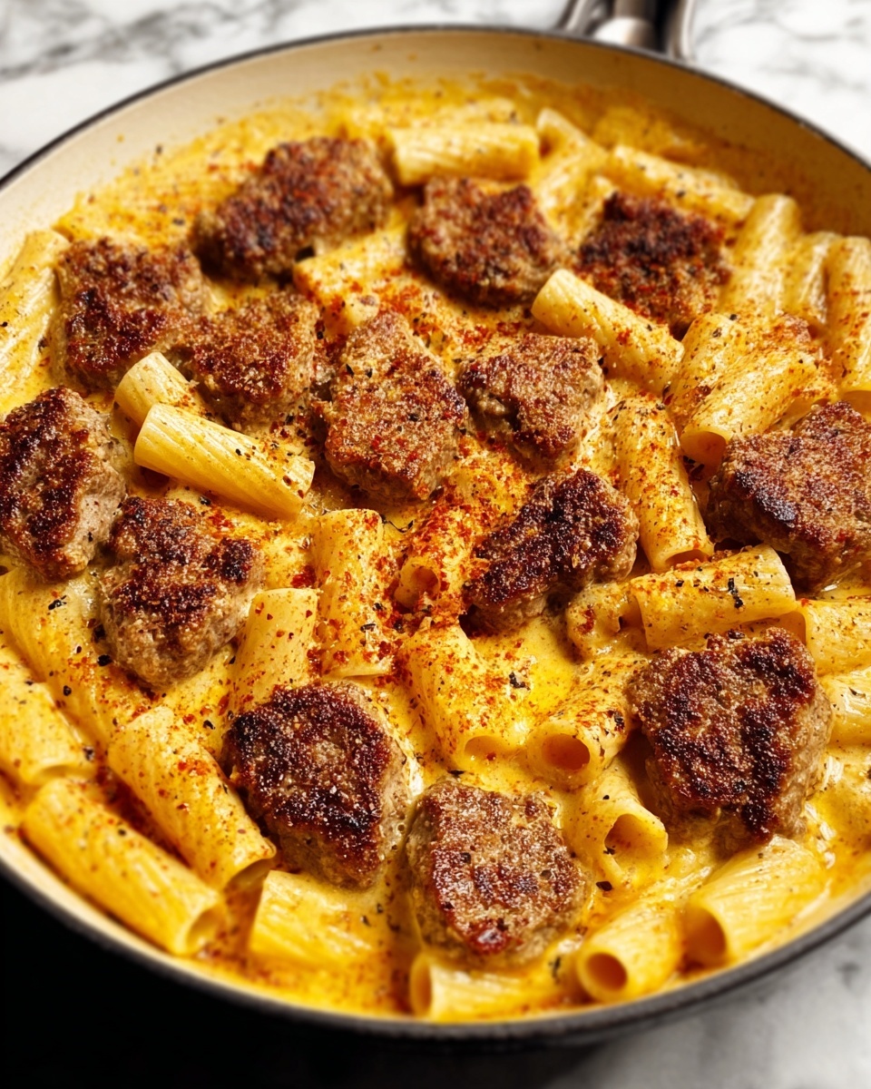 A white skillet filled with a layer of rigatoni pasta cooked in a creamy yellow sauce, topped with several pieces of browned, seasoned meat scattered evenly across the pasta. The texture of the pasta looks smooth and saucy, while the meat pieces have a crispy, rough surface. The skillet sits on a white marbled surface. Photo taken with an iphone --ar 4:5 --v 7