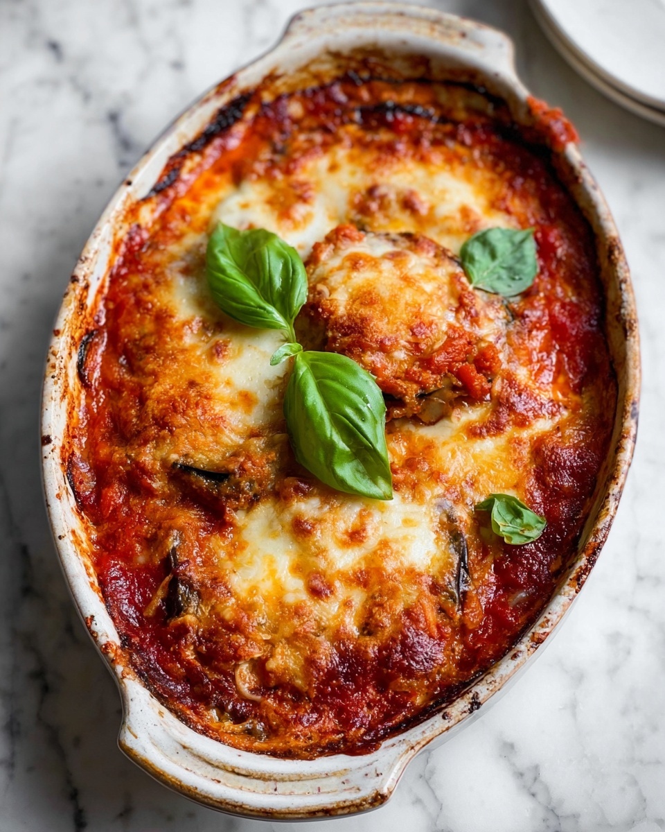 The dish is a baked casserole with three main visible layers: the bottom layer is a soft, brownish mixture likely made of eggplant slices with a soft texture, the middle layer is a thick, red tomato sauce covering the eggplant evenly, and the top layer is melted cheese, golden and bubbly in some parts, spread across the surface. Two fresh green basil leaves rest on top, adding a pop of color. The casserole is in a rustic, oval white ceramic dish with two small handles and slightly worn edges. The dish sits on a white marbled surface. Photo taken with an iphone --ar 4:5 --v 7
