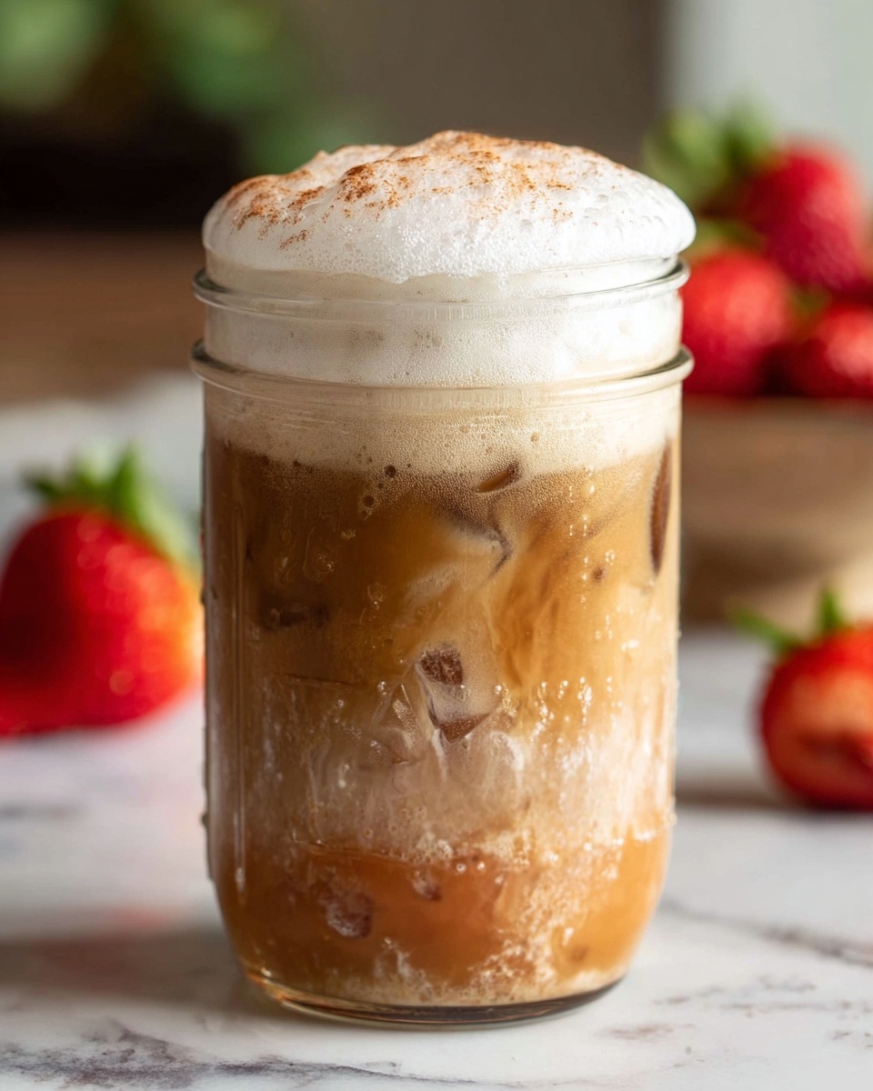 A clear glass jar filled with a layered iced coffee drink stands on a white marbled surface. The bottom layer is a rich caramel brown liquid, topped by a middle layer of lighter brown mixed with ice cubes giving a frosty texture. Above this is a thick, foamy white cream layer overflowing slightly and textured with bubbles. The cream is dusted with a light sprinkle of cinnamon or spice. In the blurred background, red strawberries add a pop of color, enhancing the cozy look of the drink. Photo taken with an iphone --ar 4:5 --v 7