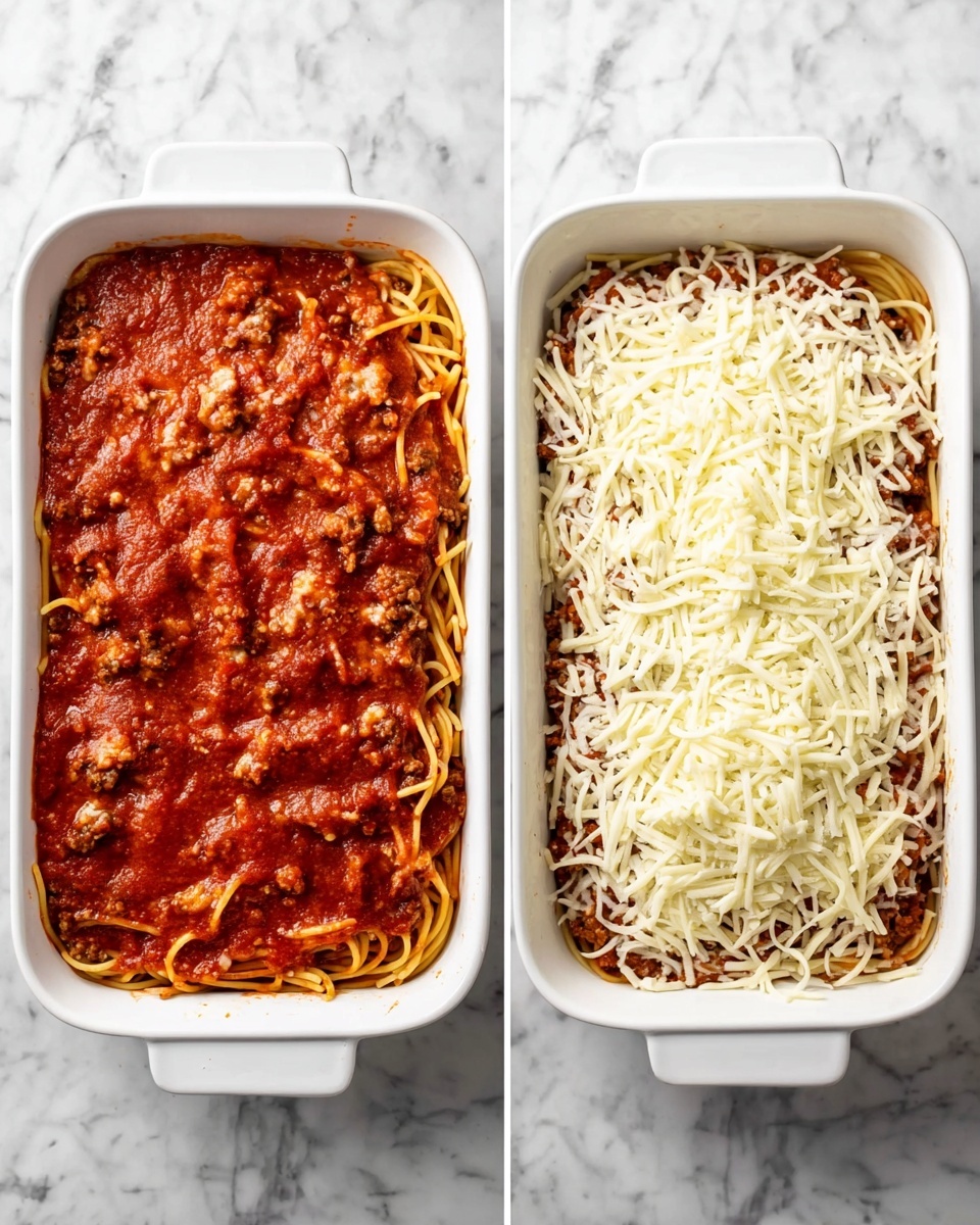 The image shows two white rectangular casserole dishes placed side by side on a white marbled surface. The dish on the left is filled with a thick red tomato sauce mixed with spaghetti noodles and bits of brown cooked meat, creating a textured and layered look. The dish on the right contains the same spaghetti and sauce mixture as the base layer, but it is fully covered by a thick, even layer of shredded white cheese that looks soft and stringy. Photo taken with an iphone --ar 4:5 --v 7