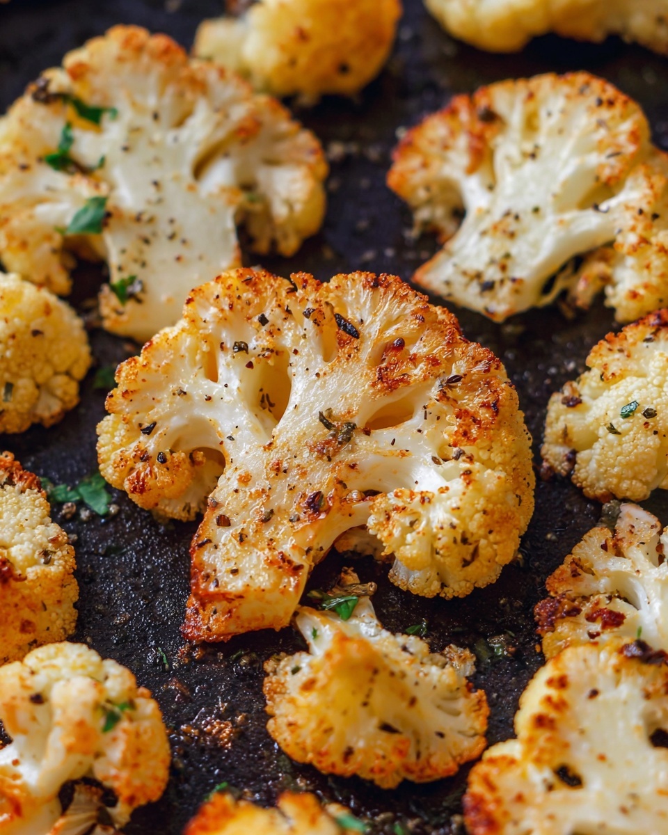 The image shows several pieces of roasted cauliflower spread out on a dark pan. Each cauliflower piece is light golden brown with darker, slightly crispy spots from roasting, and has a soft texture with visible white and light orange colors. The cauliflower is sprinkled with black pepper and small green herb bits, adding color contrast. The surface beneath is not visible, focusing closely on the roasted cauliflower pieces. photo taken with an iphone --ar 4:5 --v 7