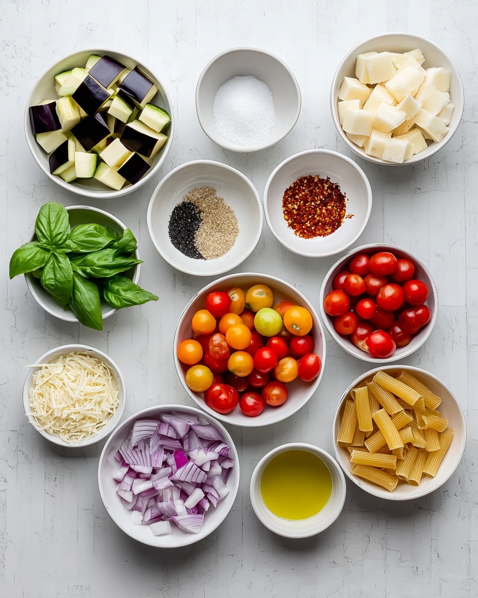 The image shows eleven small white bowls placed on a white marbled surface, each holding different ingredients. Starting from the left, one bowl has large cube pieces of eggplant with dark purple skin and light greenish flesh. On the right side of this, a bowl holds coarse salt with a white, grainy texture. Next is a bowl containing black pepper with coarse granules, and next to it is a bowl with crushed red chili flakes, deep red with small seeds. To the right, a bowl is filled with colorful cherry tomatoes in red, orange, yellow, and green shades. Below it, a bowl holds finely chopped red onion pieces. At the bottom, a bowl contains uncooked short tube-shaped pasta, pale yellow and ridged. Next to it is a bowl filled with finely grated white cheese. Above the cheese, thin slices of garlic are arranged in a small bowl. To the left of that is a bowl of fresh green basil leaves with smooth texture. Finally, a small bowl holds golden-yellow olive oil. All bowls are evenly spaced with clear visibility of each ingredient photo taken with an iphone --ar 4:5 --v 7