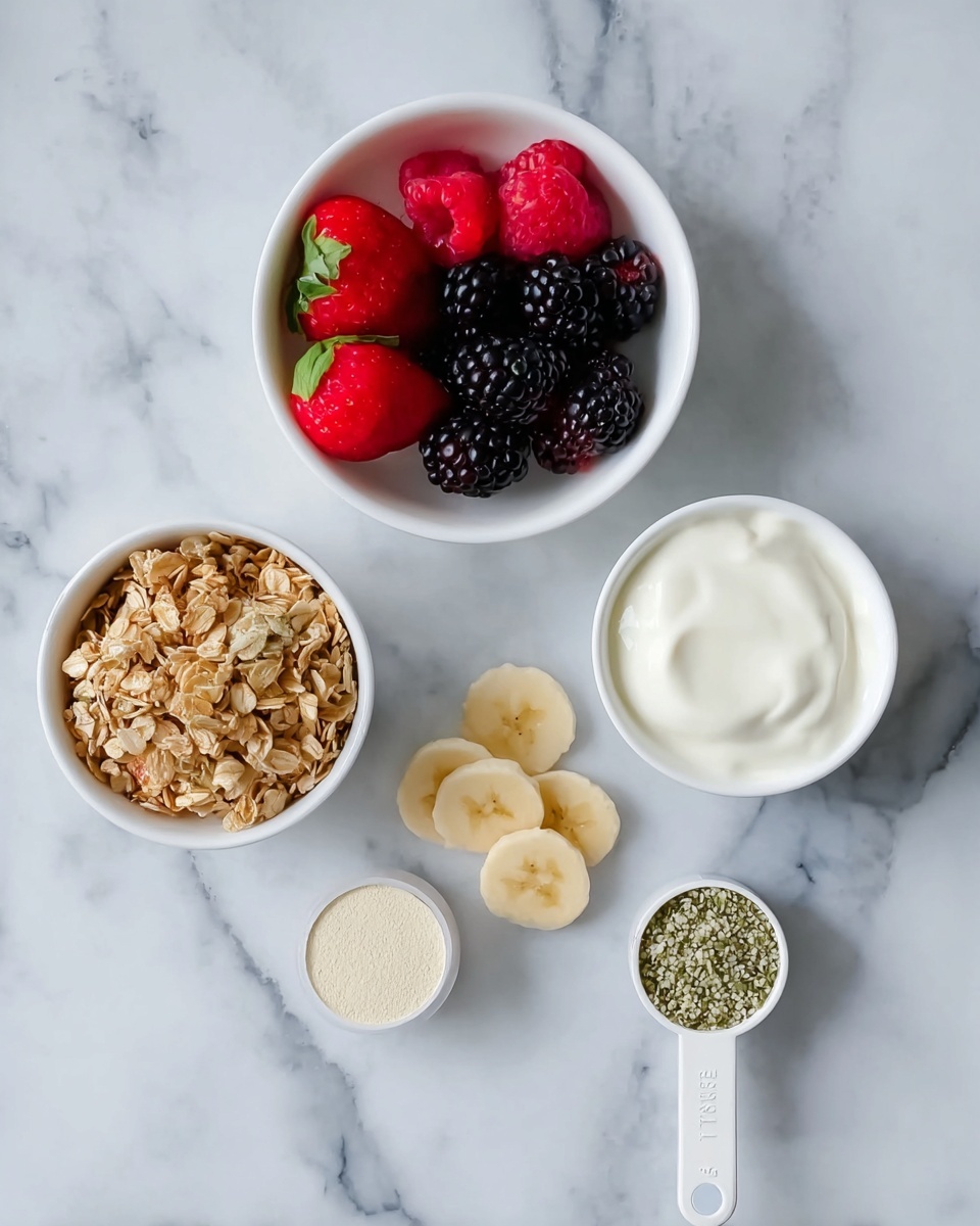 The image shows four white bowls and a white measuring cup on a white marbled surface. The largest bowl holds a mix of fresh fruits including several bright red raspberries, dark blackberries with a shiny texture, halved strawberries with green tops, and a row of light yellow banana slices arranged neatly. Another bowl, medium in size, contains thick white yogurt with a smooth and creamy look. A smaller bowl is filled with crunchy golden brown granola made from oats. The smallest bowl holds small pale green hemp seeds with a slightly shiny surface. The white measuring cup contains a pale beige powder, likely protein or other supplement. The setup is clean and bright with a fresh look. photo taken with an iphone --ar 4:5 --v 7