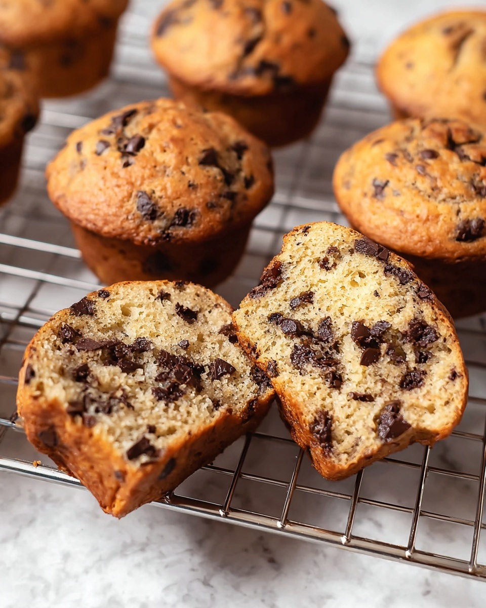 Soft muffins with a golden brown top and a light tan inside are shown on a wire rack over a white marbled surface. One muffin is broken in half and placed front and center, revealing a moist texture filled with many small dark chocolate pieces evenly spread throughout the two halves. The rest of the muffins in the background appear round and slightly risen with a smooth, slightly cracked surface. photo taken with an iphone --ar 4:5 --v 7