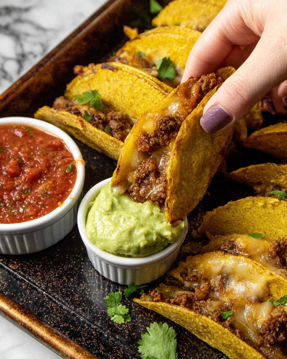 A close-up of small folded yellow corn tortillas filled with browned ground meat and melted cheese, arranged on a dark textured tray with some fresh green cilantro leaves scattered around. A white small round bowl of smooth light green guacamole sits on the tray, with one taco being dipped into it by a woman's hand. Next to it is another white small round bowl filled with a rich red tomato salsa. The surface beneath is a white marbled texture. photo taken with an iphone --ar 4:5 --v 7