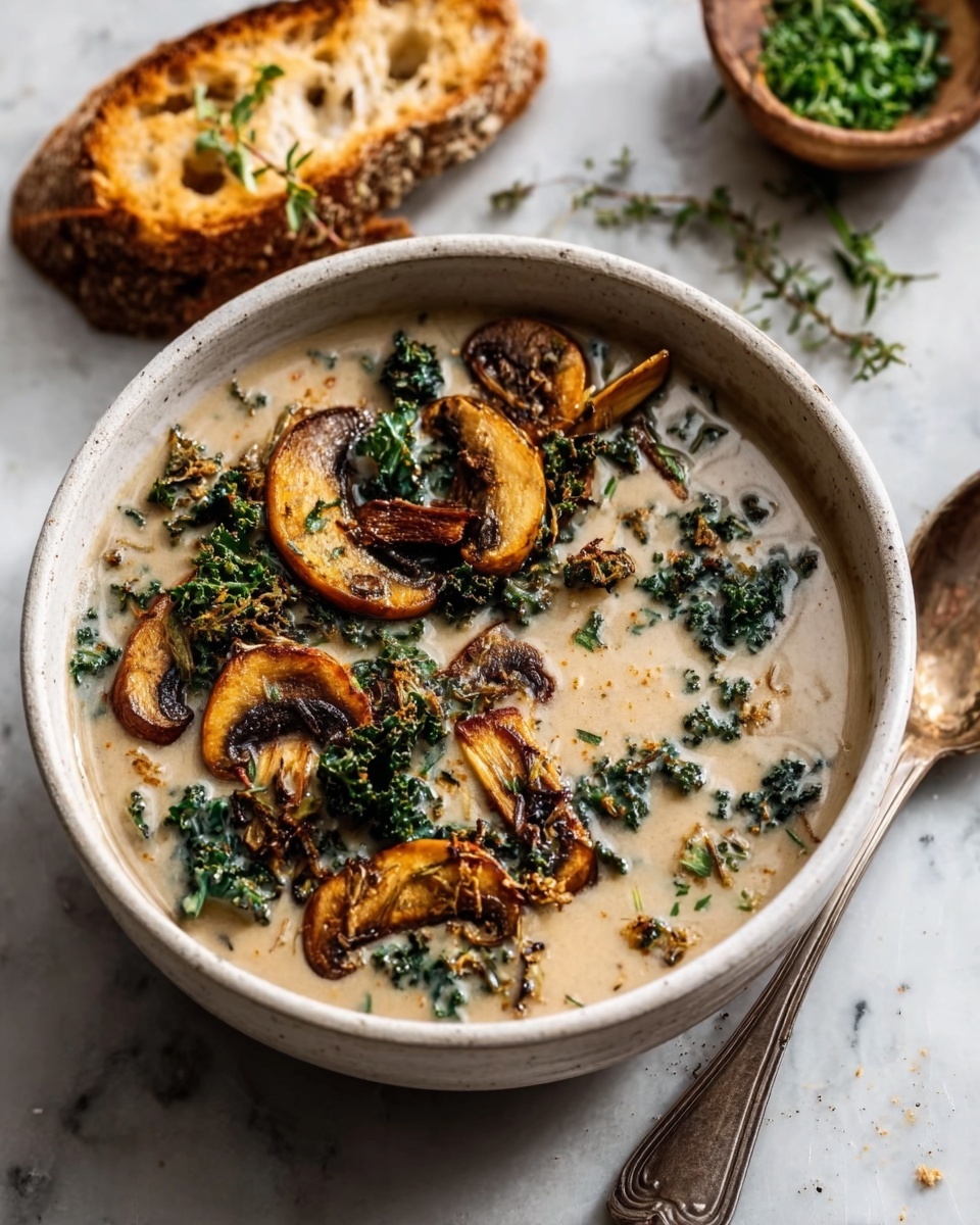 A white bowl filled with creamy mushroom soup sits on a white marbled surface. The soup has a smooth pale beige base with scattered sautéed golden-brown mushroom slices and dark green kale leaves floating on top. Beside the bowl is a piece of toasted bread with a crispy golden crust. A vintage silver spoon lays next to the bowl on the right side. In the background, a small bowl of green herbs adds a fresh touch. photo taken with an iphone --ar 4:5 --v 7