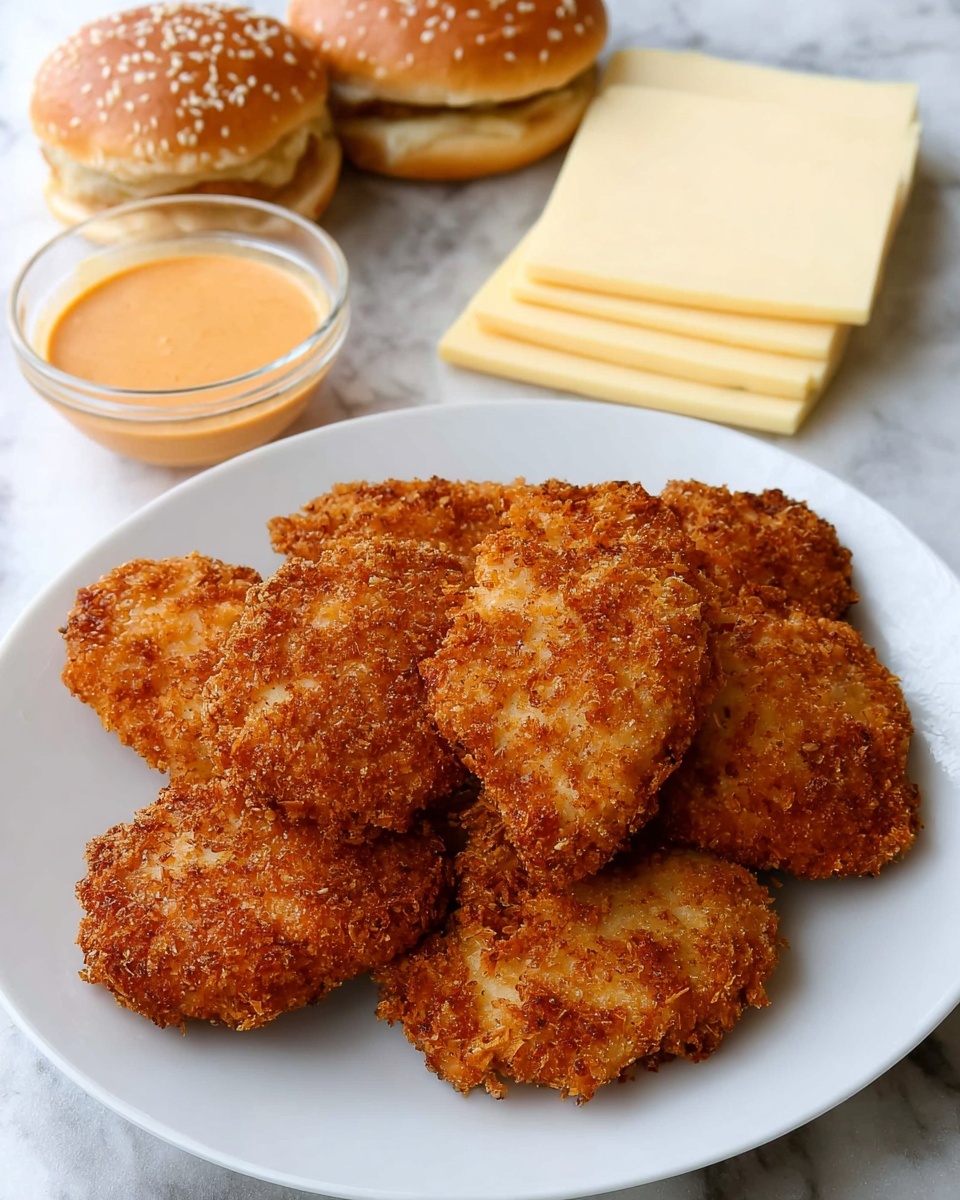 A white plate holds six pieces of golden brown breaded fried chicken, arranged in a slight circular pile, showing a crunchy and textured coating. Next to the plate, there are four hamburger buns with sesame seeds on top, appearing soft and golden. Behind the plate, there are several slices of pale yellow cheese stacked neatly. To the left side of the plate, a small clear bowl contains a creamy orange sauce. The background surface is a white marbled texture. Photo taken with an iphone --ar 4:5 --v 7