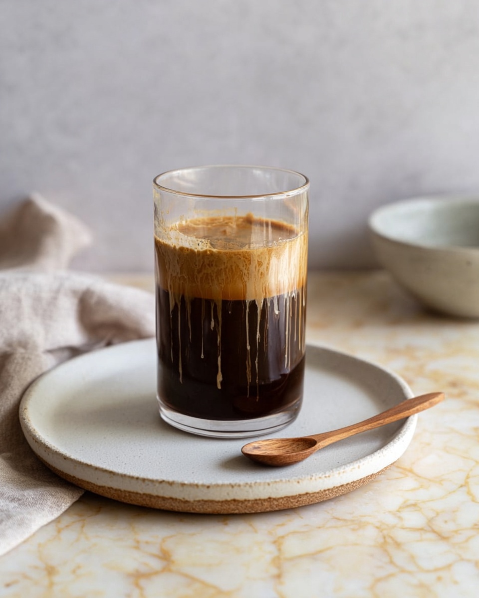 A clear tall glass with a dark brown liquid filling the bottom half and light beige cream residue streaks running down the inside walls, sitting on a round white plate with a rough edge. A small wooden spoon rests on the plate's edge, and in the background there is a light-colored cloth and a small empty bowl on a white marbled surface. photo taken with an iphone --ar 4:5 --v 7