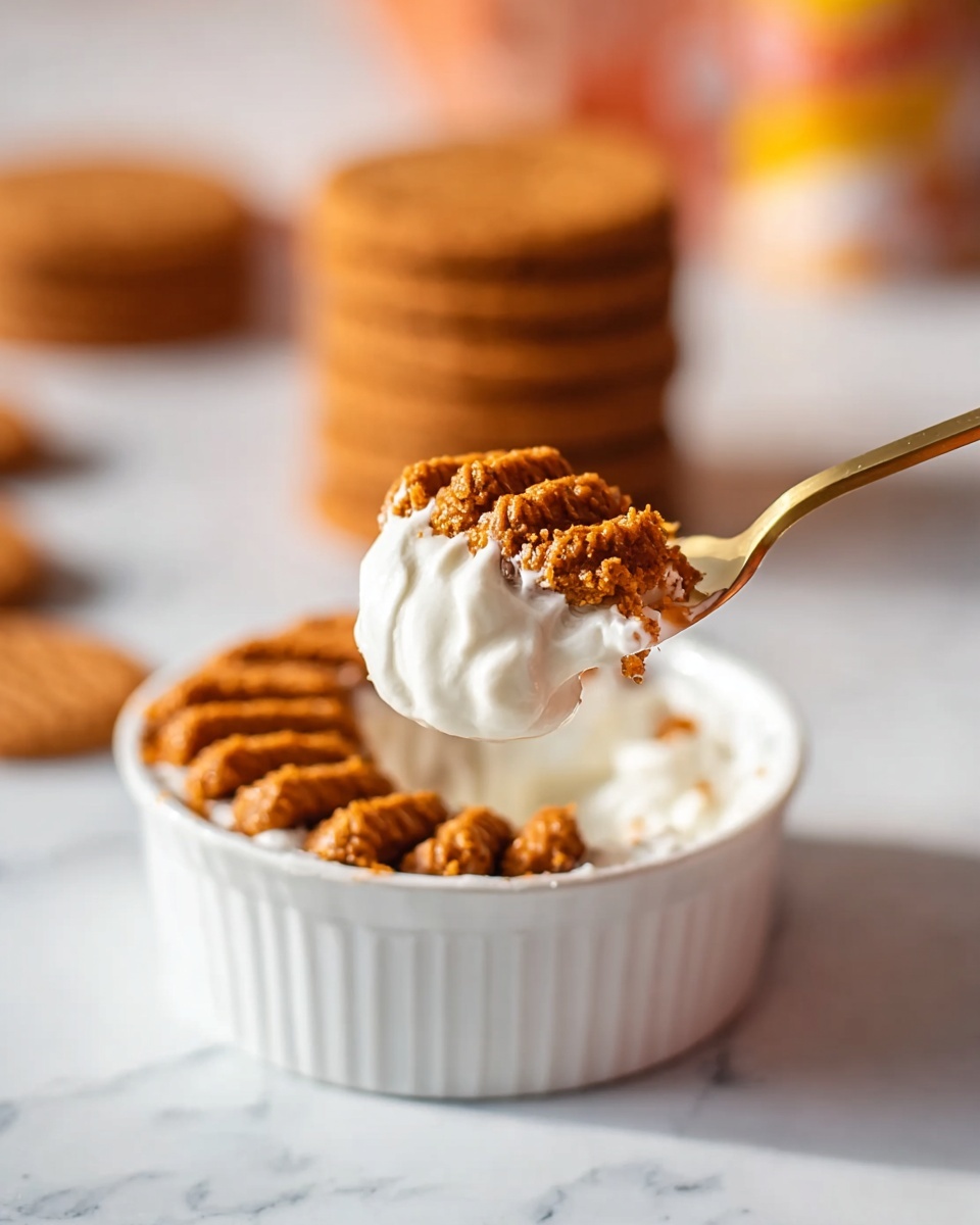 A close-up image shows a golden spoon lifting a scoop of dessert with two rows of textured, brown cookies on top, sitting on a creamy white layer underneath. The background features a white bowl filled with smooth white cream and neatly arranged rows of the same brown cookies on top. The scene is set on a white marbled textured surface, with a blurred stack of more brown cookies in the background. The photo taken with an iphone --ar 4:5 --v 7