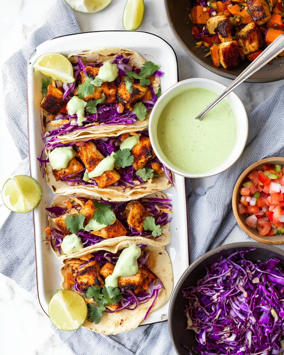 The image shows four soft white tortillas arranged side by side in a white rectangular dish on a white marbled surface. Each tortilla is filled with a base layer of bright purple cabbage mixed with small orange pieces, topped with golden-brown cooked fish pieces that have dark grill marks. On top of each fish layer is a light green creamy sauce dolloped in the center, and fresh green cilantro leaves scattered over everything. Each taco is garnished with a white lime wedge placed tightly against it. Around the main dish, there is a white bowl with the same light green sauce and a spoon, a black bowl filled with a mixture of purple cabbage and chopped orange pieces, and a small white bowl containing a diced tomato and onion mixture. The setting is bright with a simple, clean look. Photo taken with an iphone --ar 4:5 --v 7
