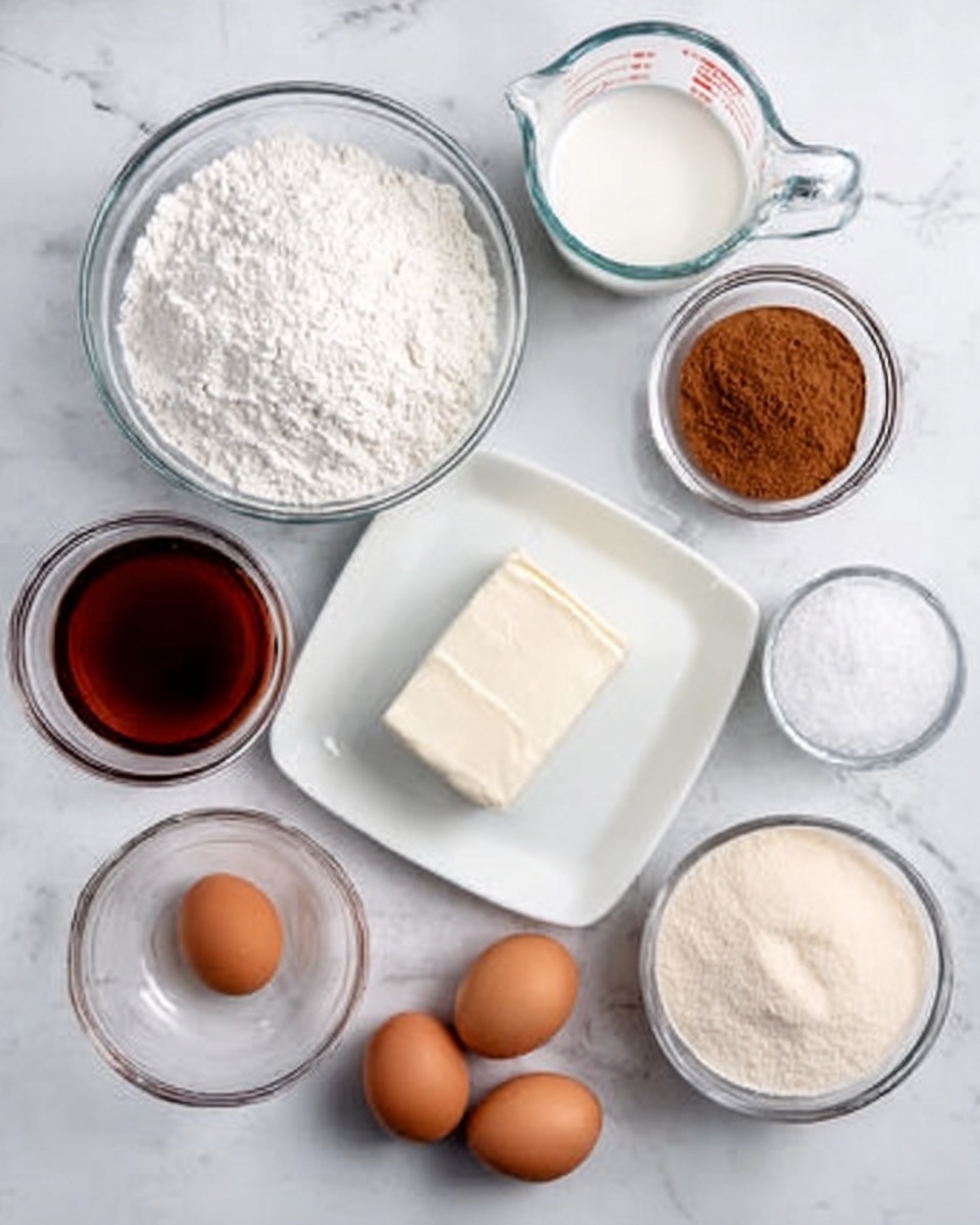 The image shows an overhead view of several clear glass and white dishes arranged on a white marbled surface, each holding different baking ingredients. There is one large clear glass bowl filled with white flour positioned on the top left, a clear glass measuring cup with milk placed near the center top, and a small clear glass bowl containing brown sugar on the top right. Below the brown sugar is a tiny clear glass bowl with cocoa powder. To the bottom left, there is a smaller clear glass bowl holding a dark red syrup. Three brown eggs are placed in a white bowl near the bottom center. A square white plate in the center has a block of cream cheese, and a white bowl on the right holds light tan granulated sugar. A woman’s hand is gently touching the edge of the egg bowl. The whole setup is clean and simple, showing all ingredients ready for baking. photo taken with an iphone --ar 4:5 --v 7