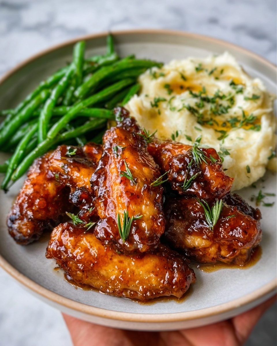 This image shows a round white plate with four pieces of glossy, brown chicken wings coated in a sticky sauce, placed slightly left of center. Behind the wings, there is a scoop of creamy mashed potatoes with green herbs sprinkled on top, positioned on the right side of the plate. On the upper left, a small pile of bright green, cooked green beans sits neatly, their surface smooth and fresh. The whole plate rests on a white marbled surface. A woman's hand gently holds the plate from the right side. photo taken with an iphone --ar 4:5 --v 7